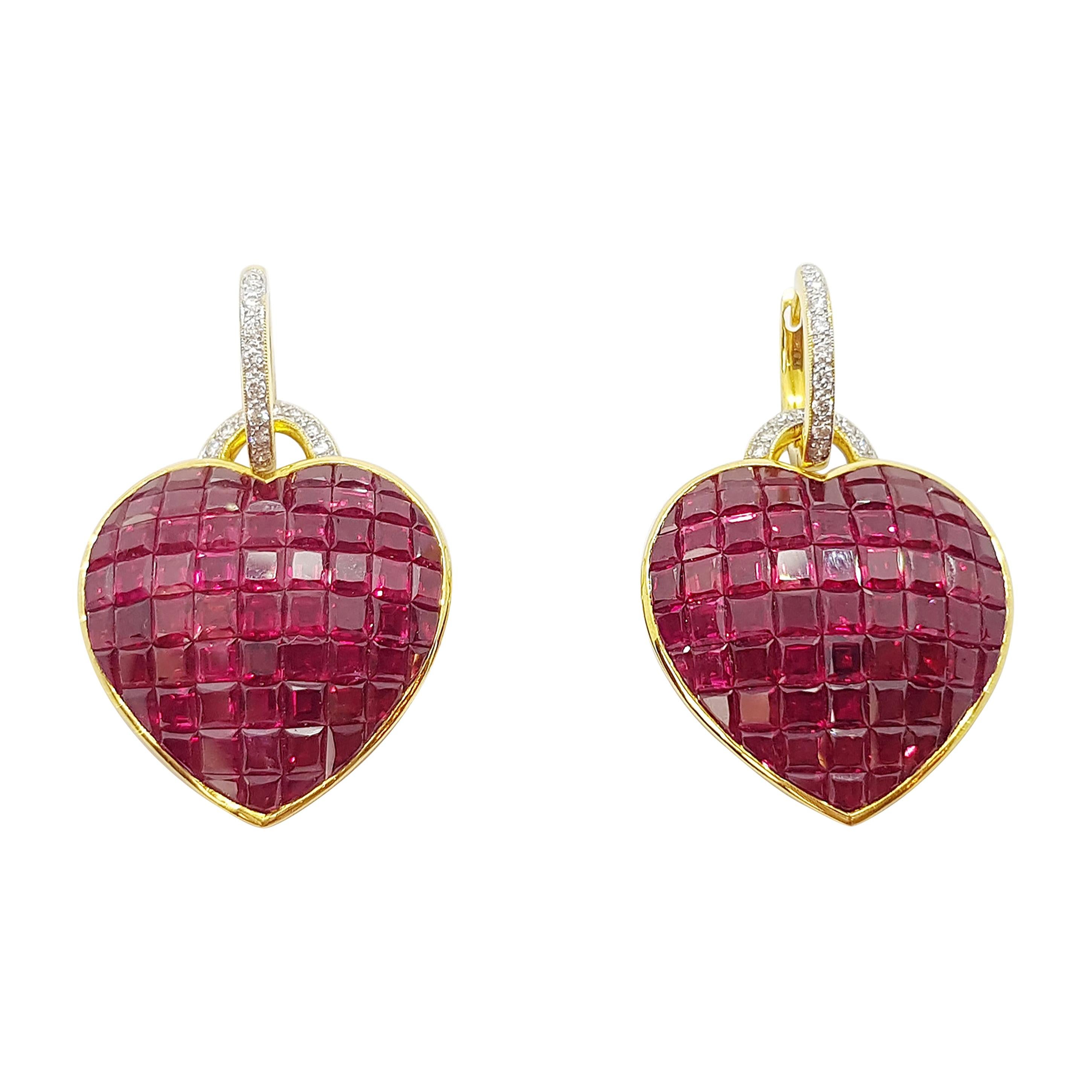 Ruby with Diamond Heart Earrings Set in 18 Karat Gold Settings For Sale
