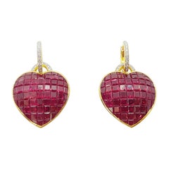 Ruby with Diamond Heart Earrings Set in 18 Karat Gold Settings