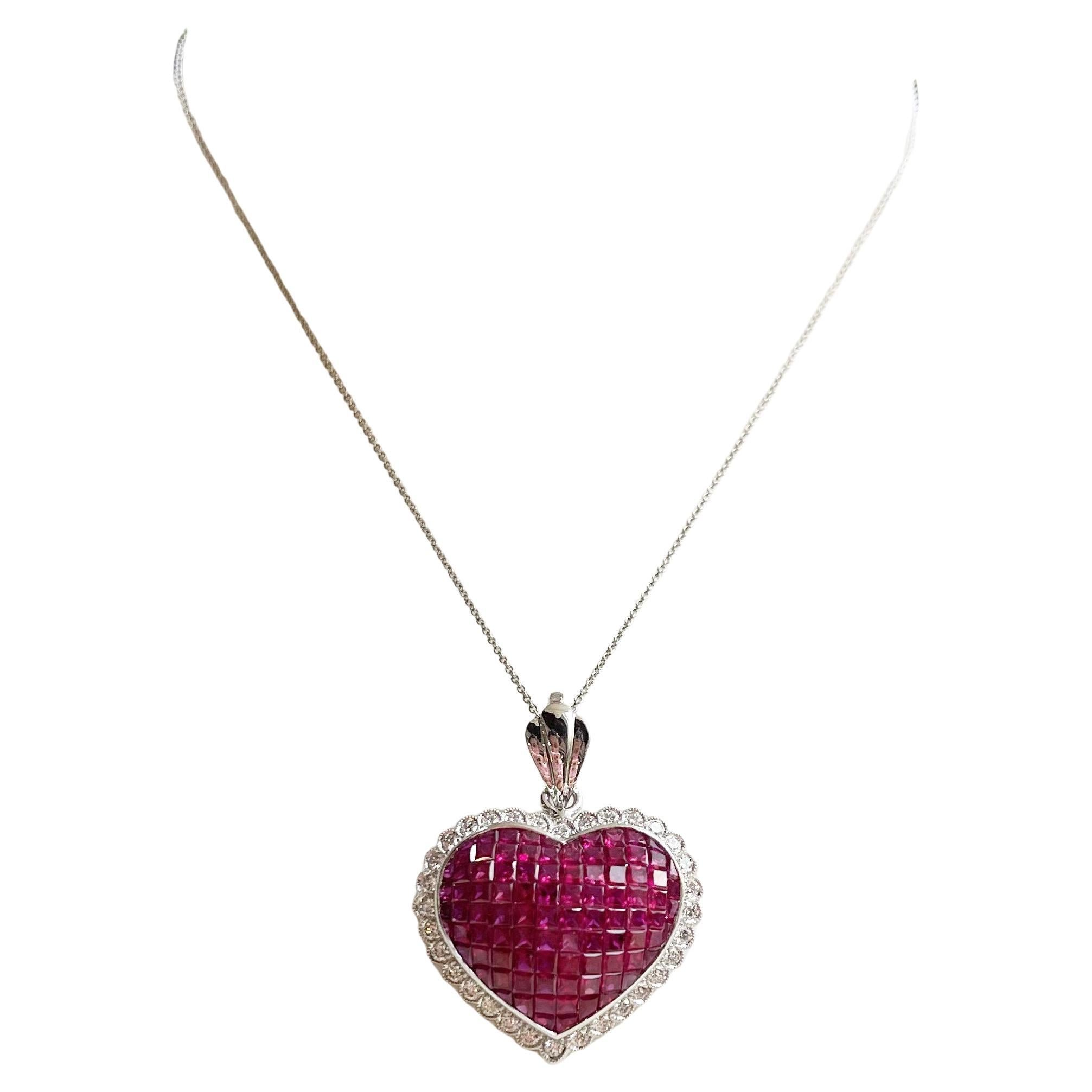 Ruby with Diamond Heart Pendant/ Brooch set in 18K White Gold Settings