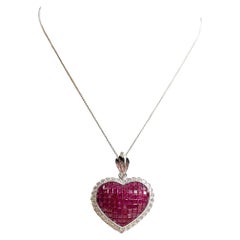 Ruby with Diamond Heart Pendant/ Brooch set in 18K White Gold Settings