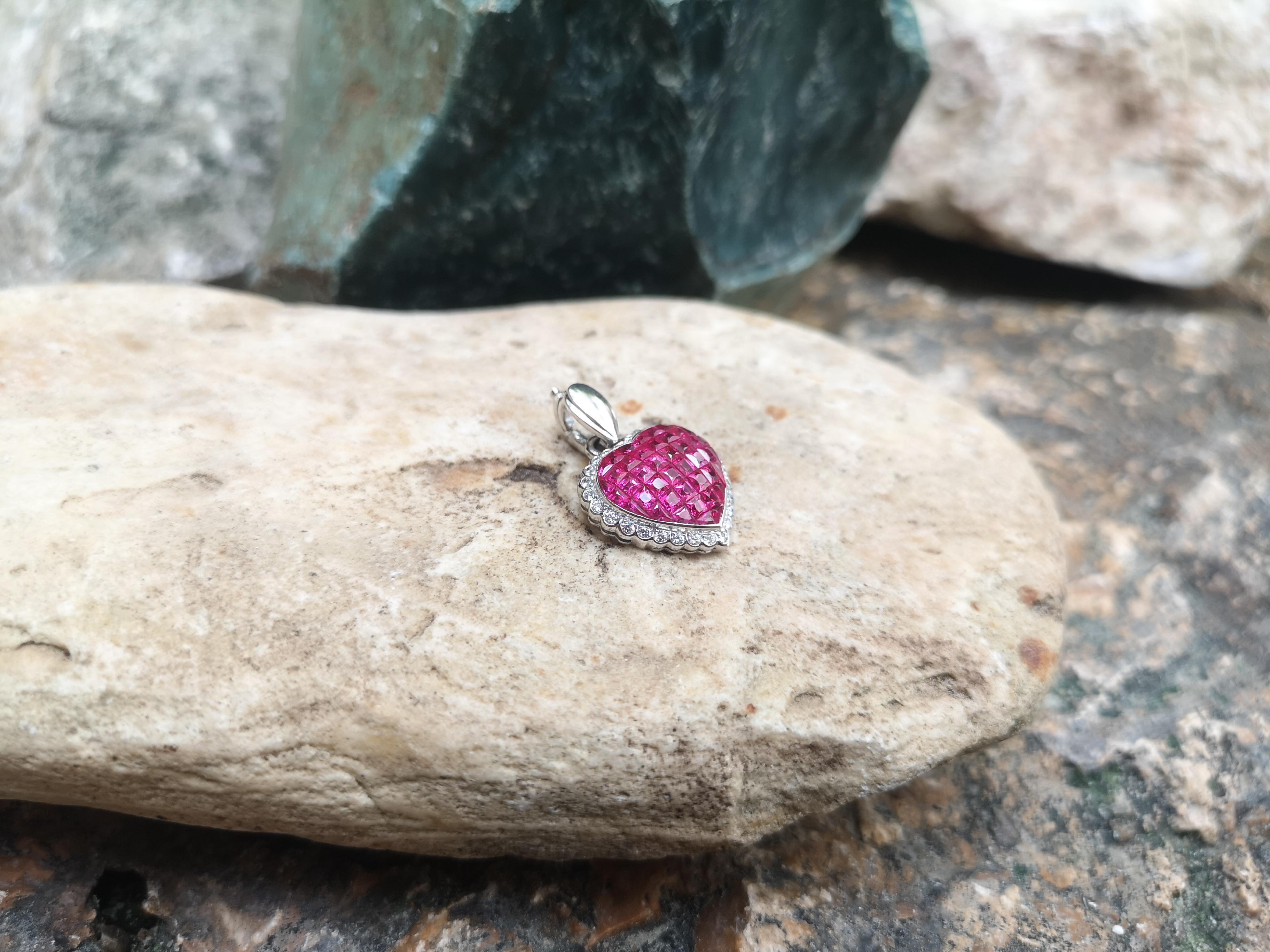 Contemporary Ruby with Diamond Heart Pendant Set in 18 Karat White Gold Settings For Sale