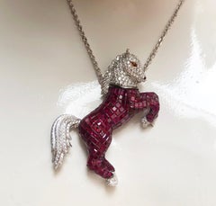 Ruby with Diamond Horse Brooch/Pendant Set in 18 Karat White Gold Setting
