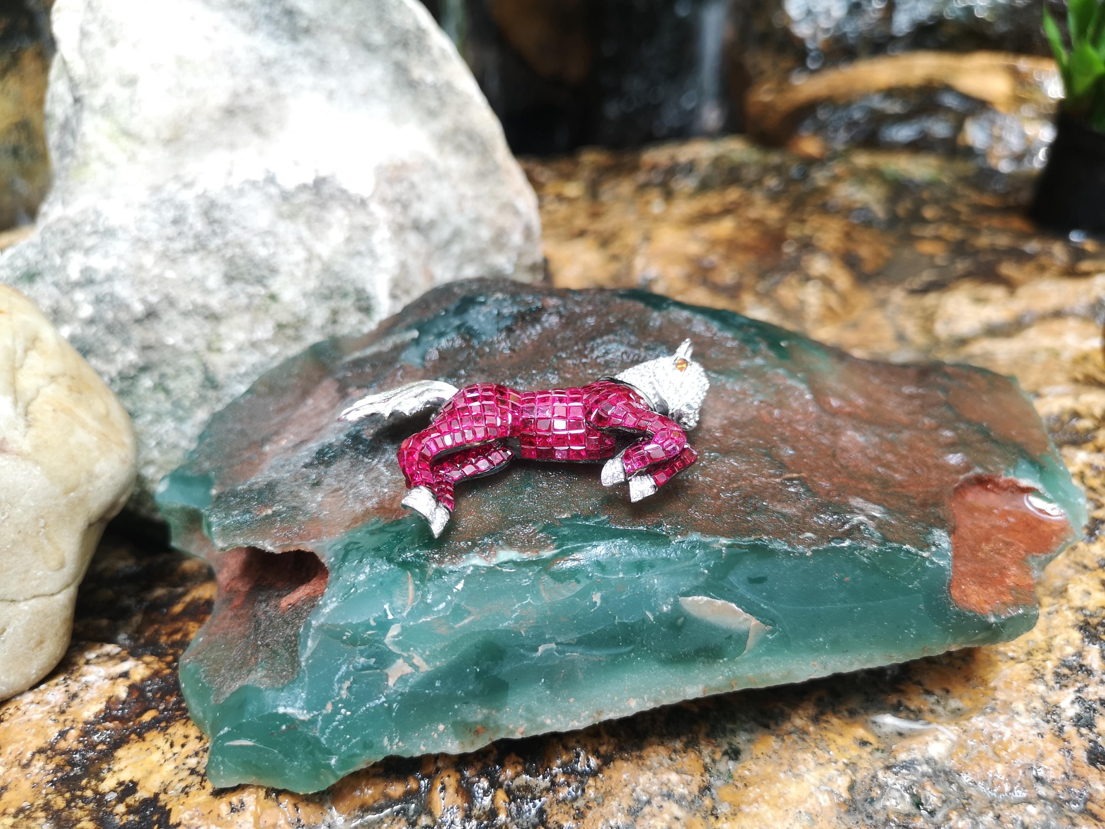 Women's or Men's Ruby with Diamond Horse Brooch/Pendant Set in 18 Karat White Gold Setting For Sale