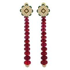 Ruby with Diamond in 18 Karat Yellow Gold Drop Dangle Enamel and Beads Earring