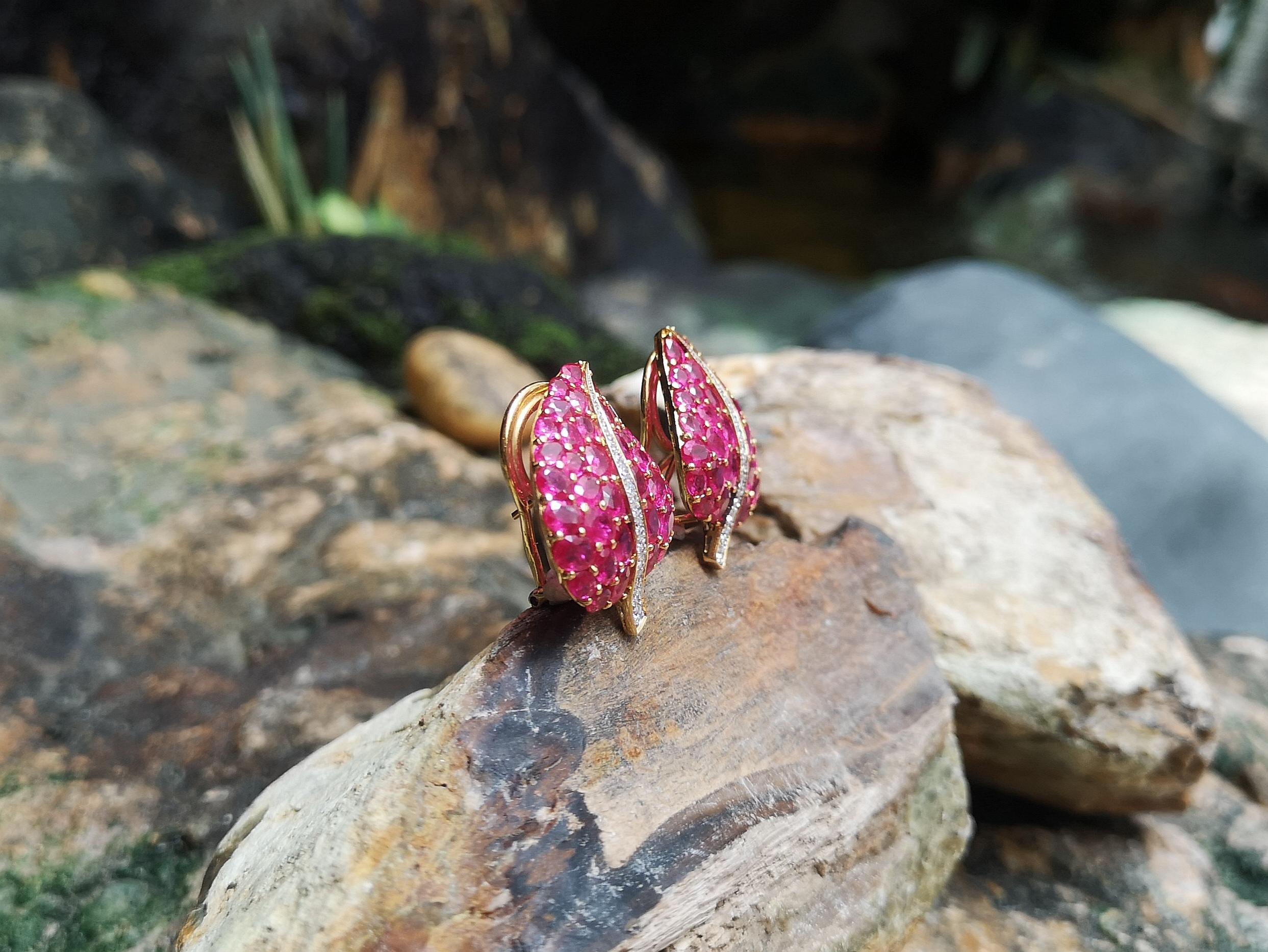 Mixed Cut Ruby with Diamond Leaf Earrings Set in 18 Karat Gold Settings For Sale