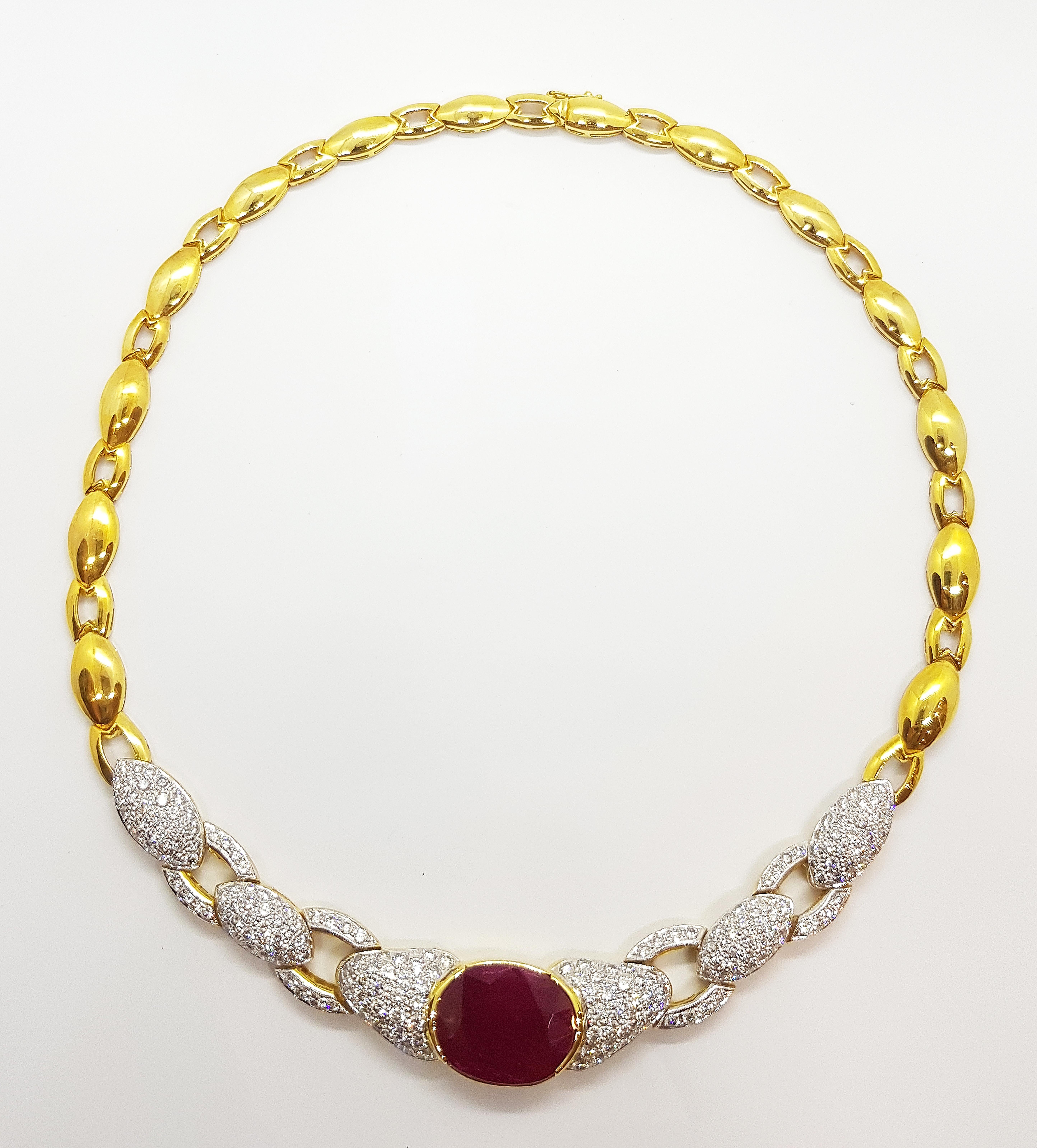 Ruby 12.57 carats with Diamond 5.83 carats Necklace set in 18 Karat Gold Settings

Width:  1.6 cm 
Length: 40.5 cm
Total Weight: 52.81 grams

