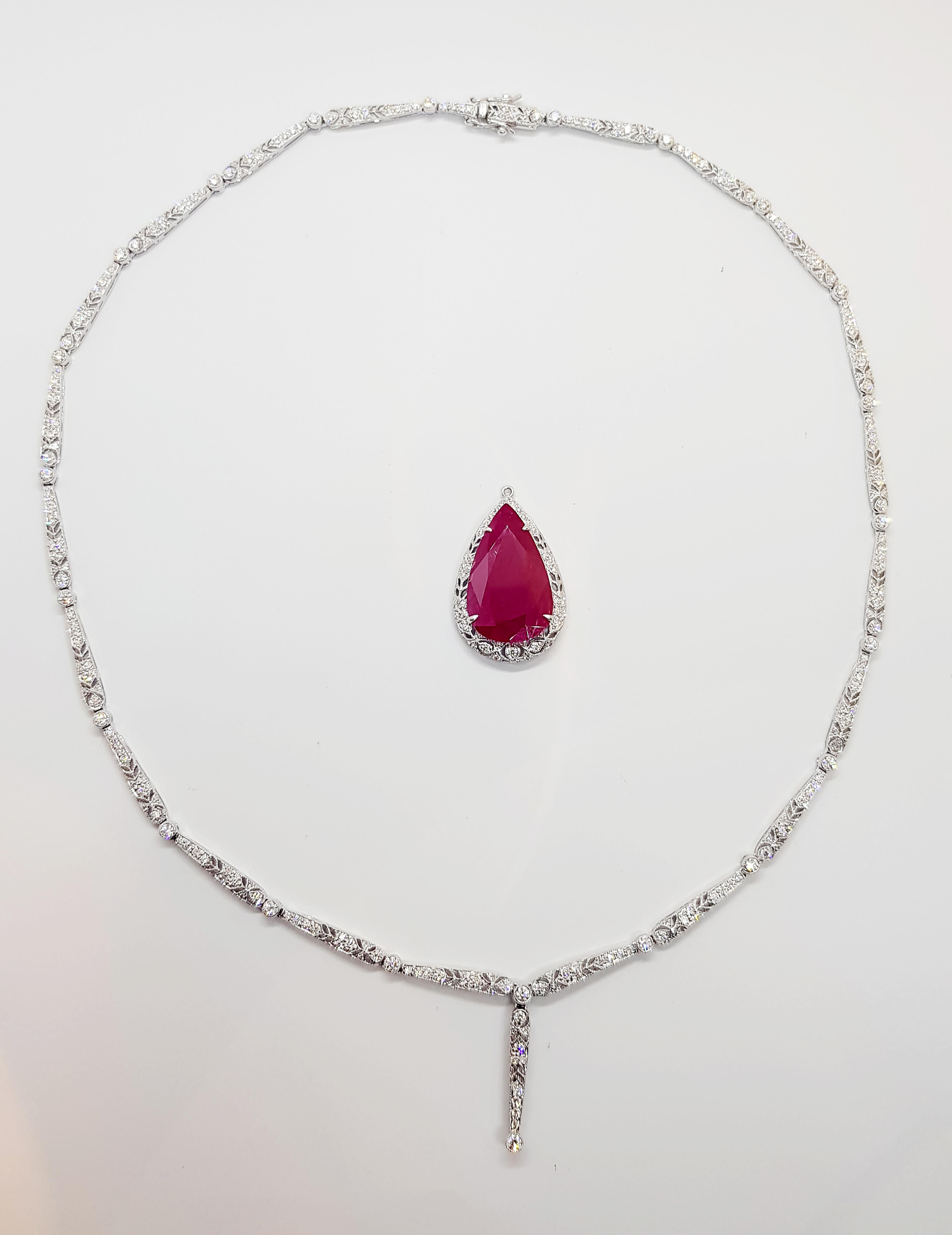 Art Deco Ruby with Diamond Necklace Set in 18 Karat White Gold Settings For Sale