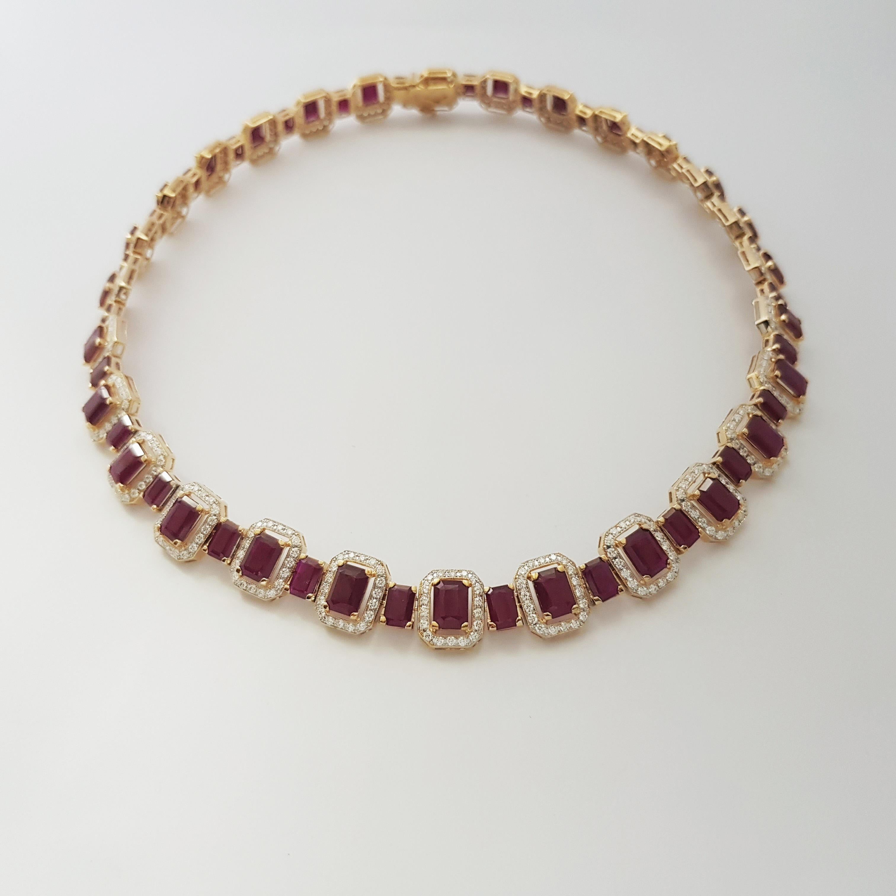 Emerald Cut Ruby with Diamond Necklace set in 18K Gold Settings For Sale