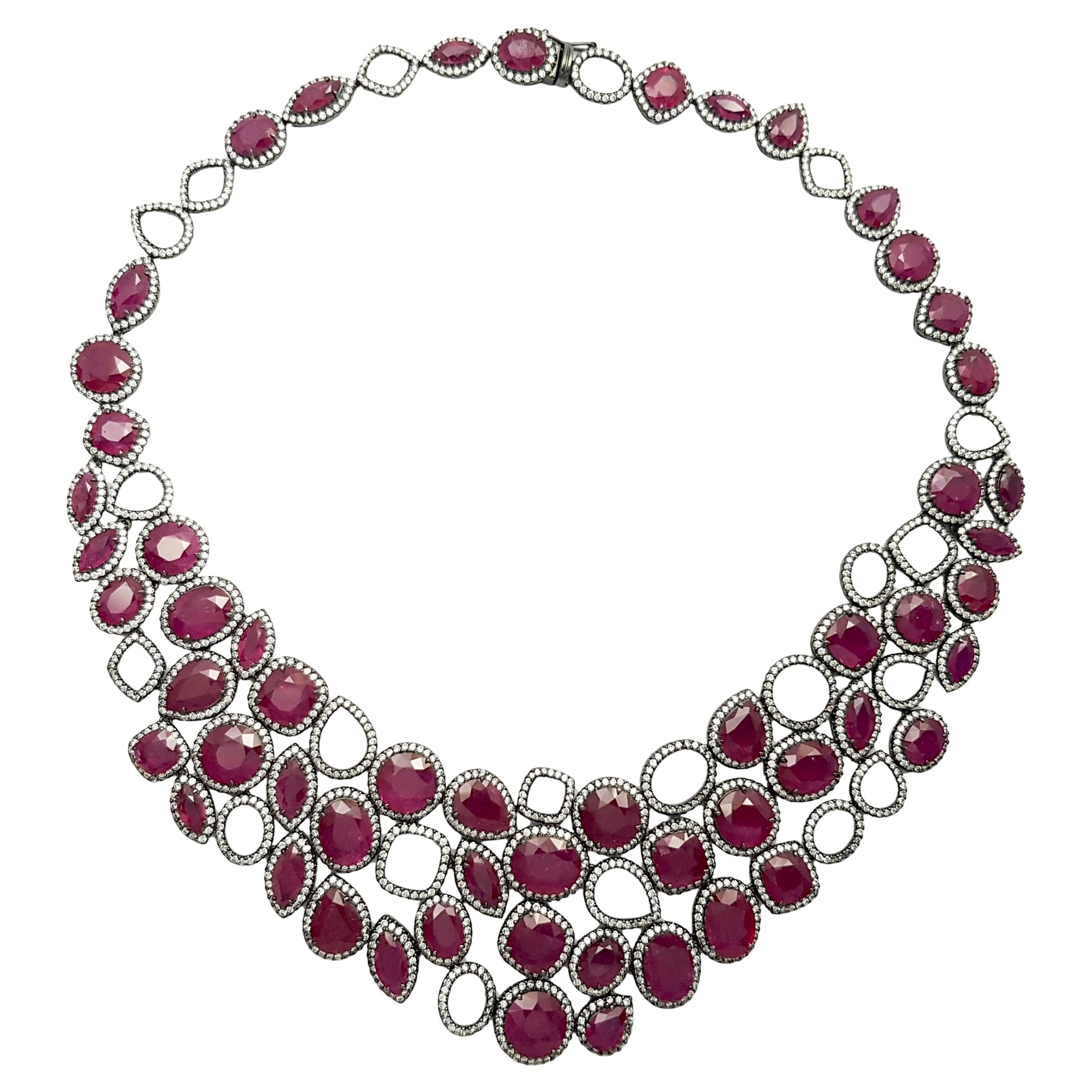 Ruby with Diamond Necklace set in 18K White Gold Settings