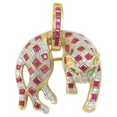 Ruby with Diamond Panther Pendant Set in 18 Karat Gold Settings
