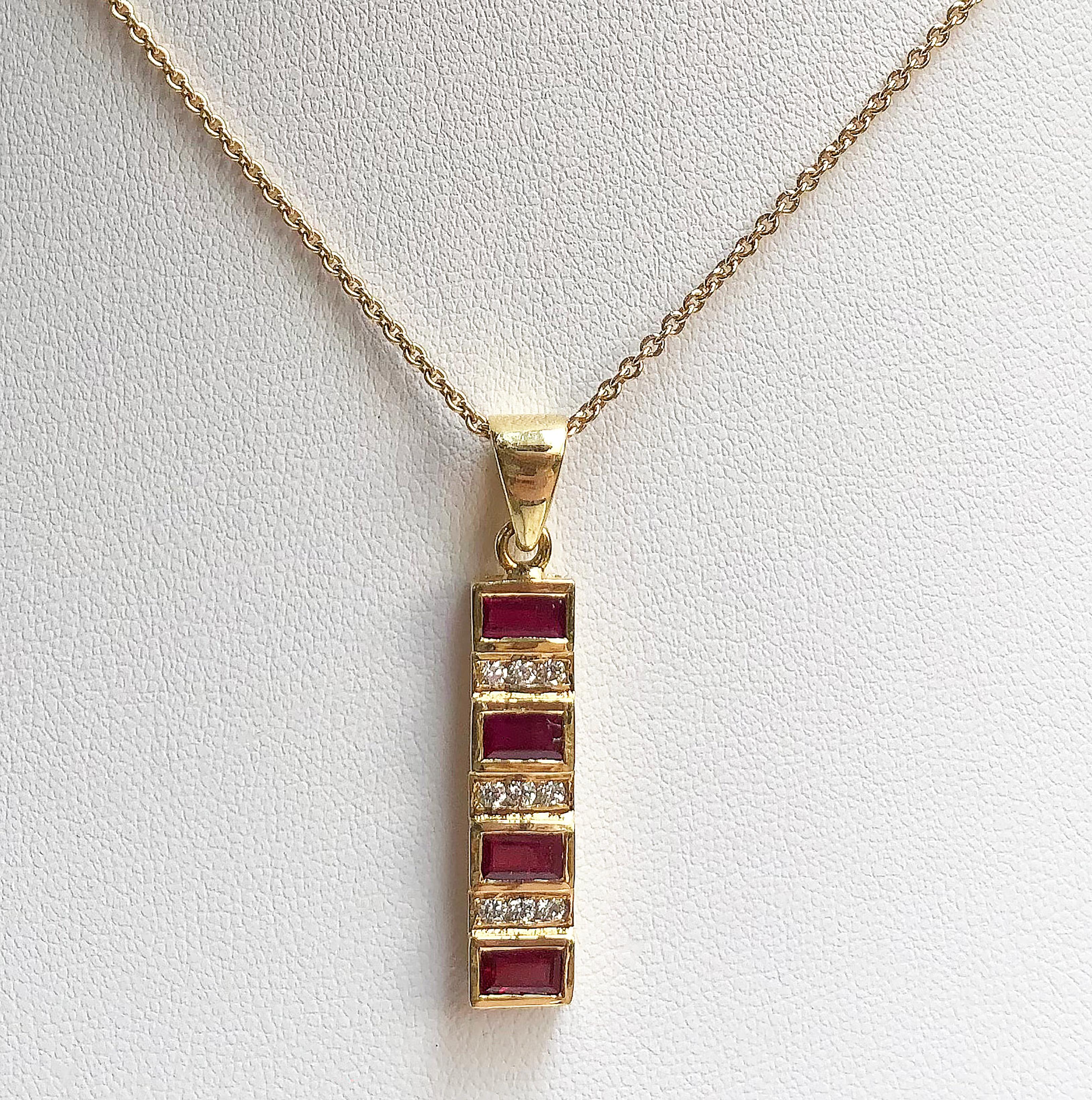 Ruby 1.38 carats with Diamond 0.18 carat Pendant set in 18 Karat Gold Settings
(chain not included)

Width:  0.6 cm 
Length: 3.5 cm
Total Weight: 3.77 grams

