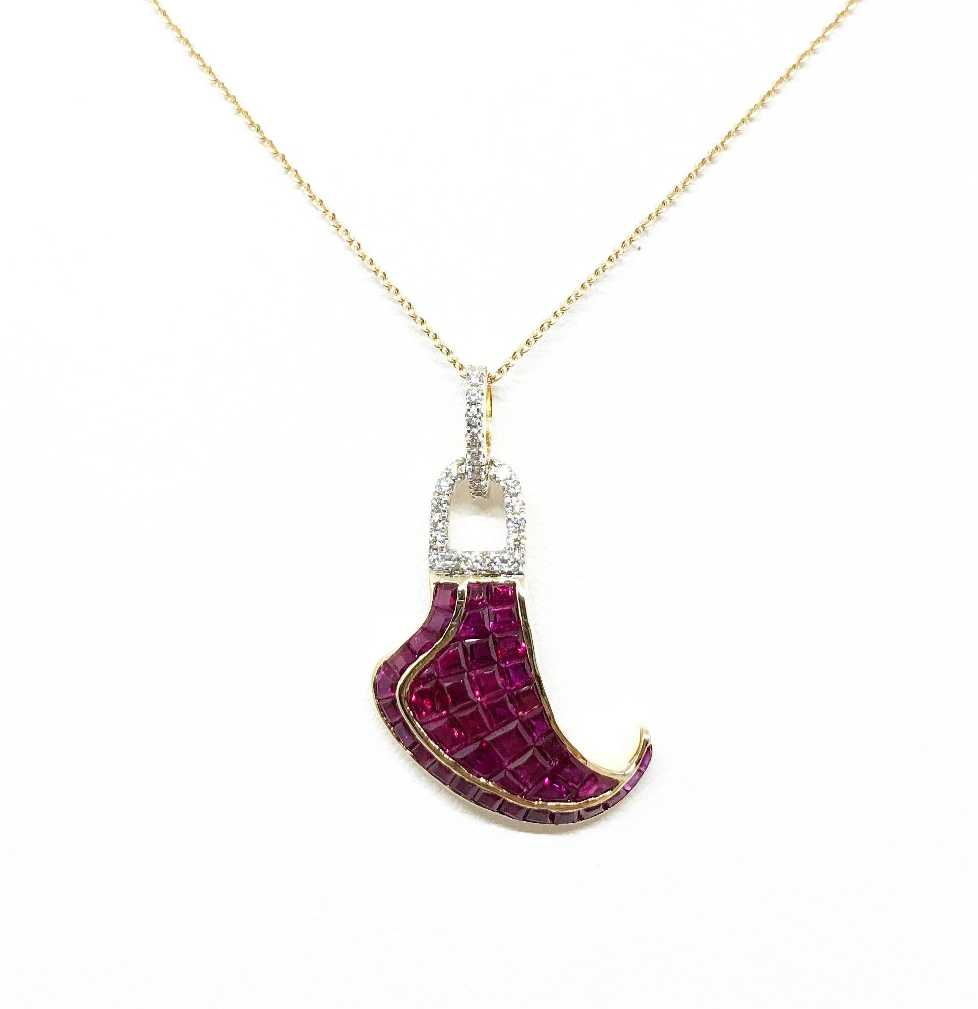 Ruby 2.30 carats with Diamond 0.13 carat Pendant set in 18 Karat Gold Settings
(chain not included)

Width: 2.7 cm 
Length: 3.0 cm
Total Weight: 5.01 grams

