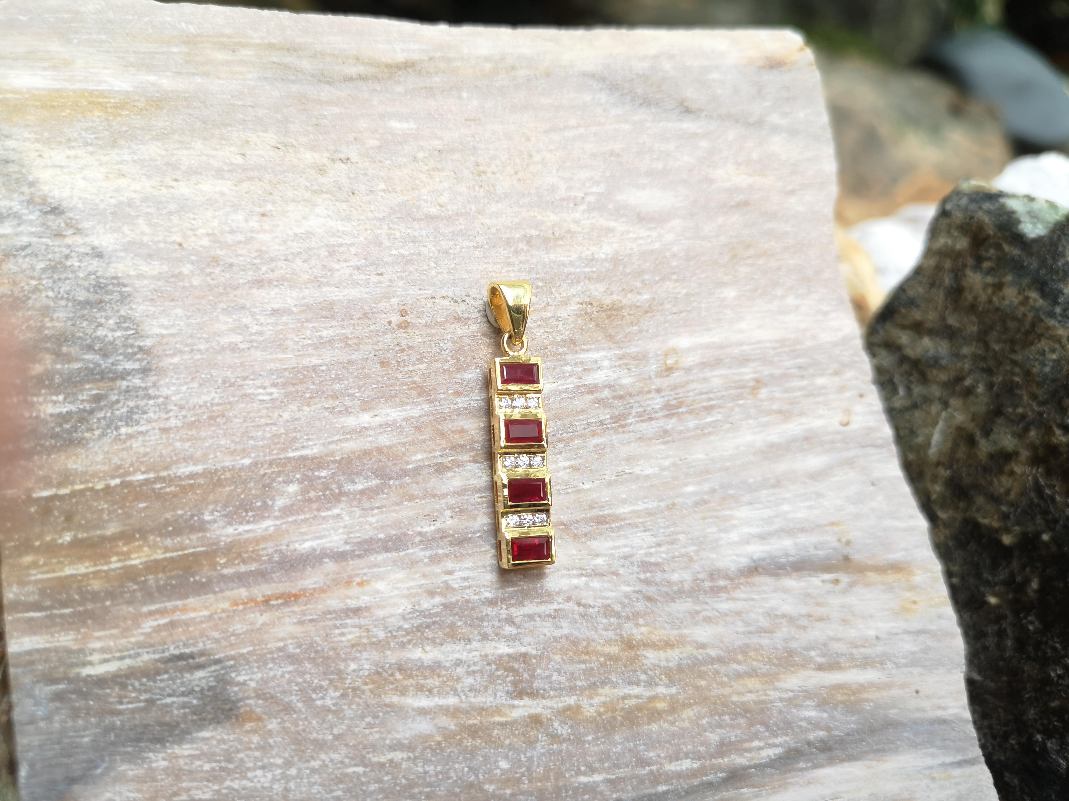 Emerald Cut Ruby with Diamond Pendant Set in 18 Karat Gold Settings For Sale