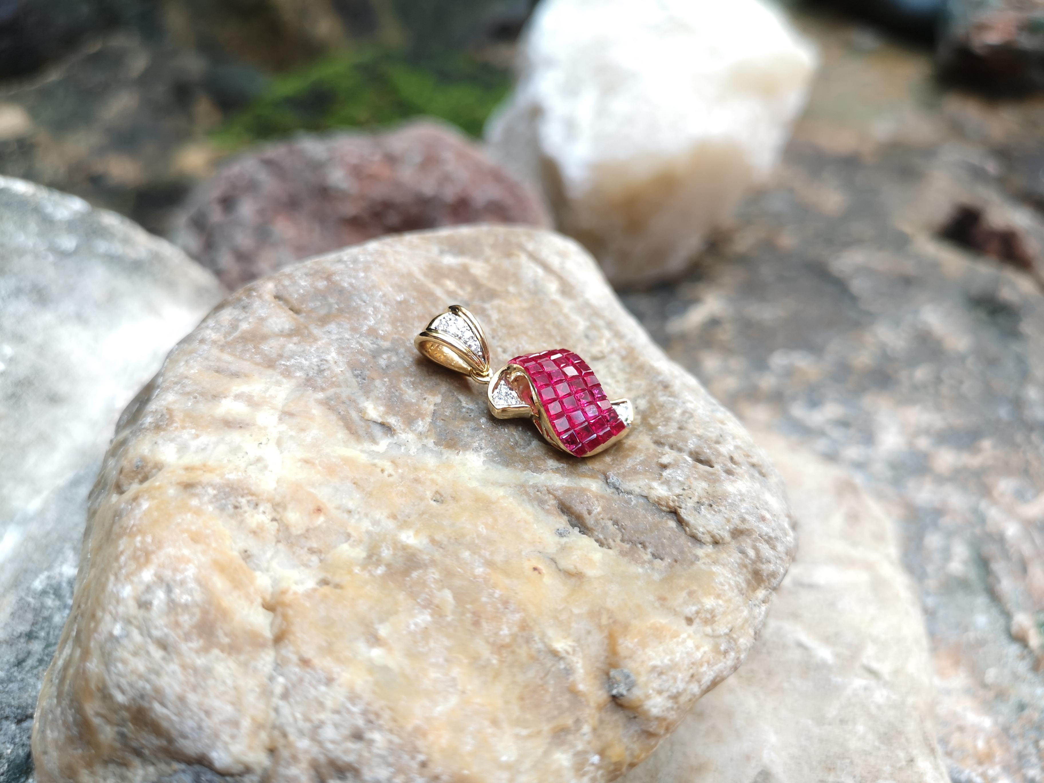 Princess Cut Ruby with Diamond Pendant Set in 18 Karat Gold Settings For Sale