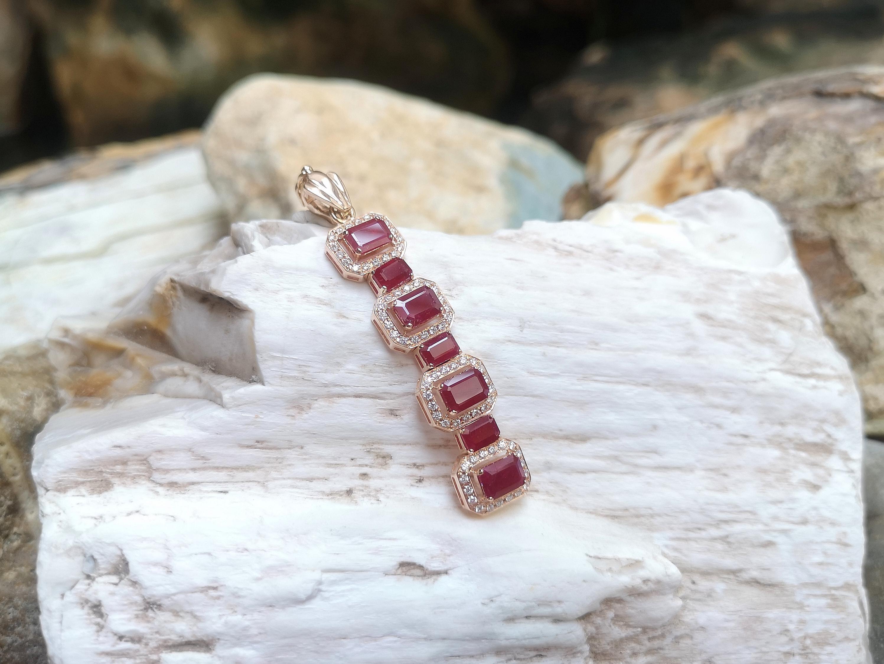 Emerald Cut Ruby with Diamond Pendant Set in 18 Karat Rose Gold Settings For Sale