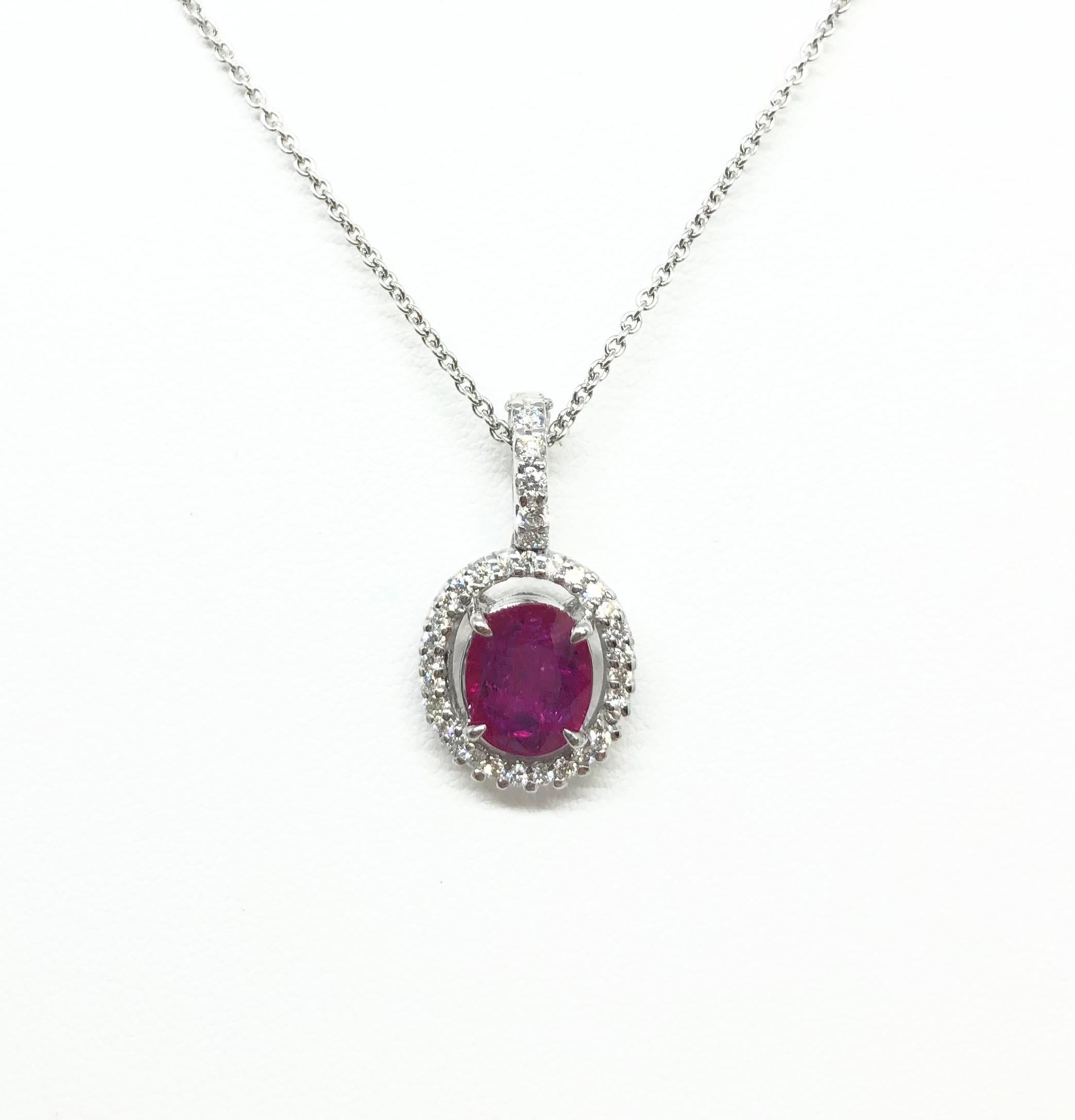 Ruby 1.33 carats with Diamond 0.36 carat Pendant set in 18 Karat White Gold Settings
(chain not included)

Width: 1.3 cm 
Length: 2.4  cm
Total Weight: 3.66 grams

