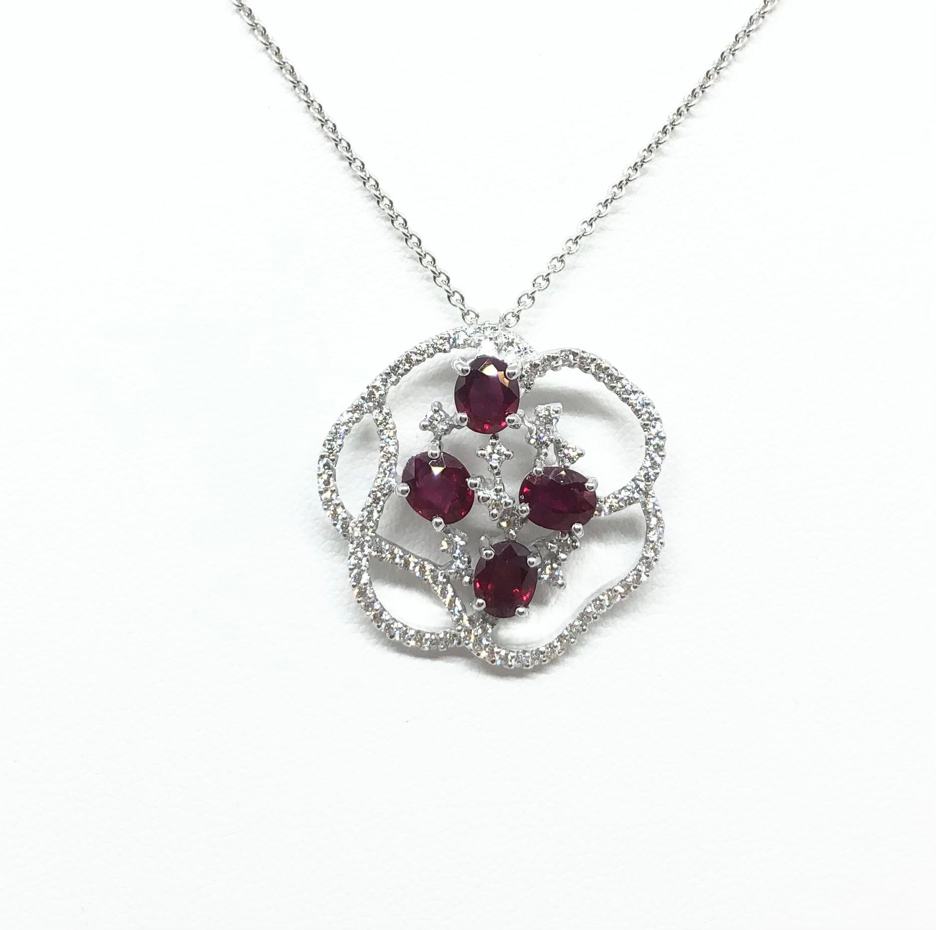 Contemporary Ruby with Diamond Pendant set in 18 Karat White Gold Settings For Sale