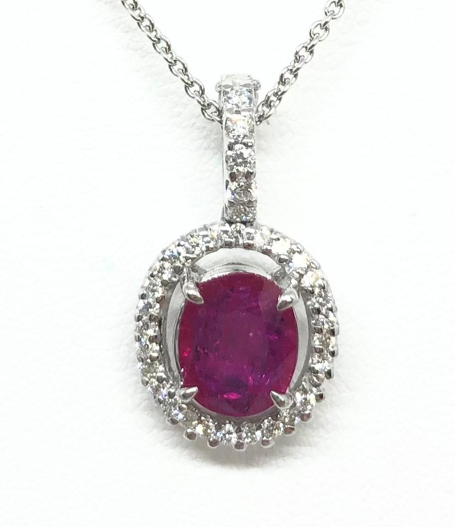 Contemporary Ruby with Diamond Pendant Set in 18 Karat White Gold Settings For Sale