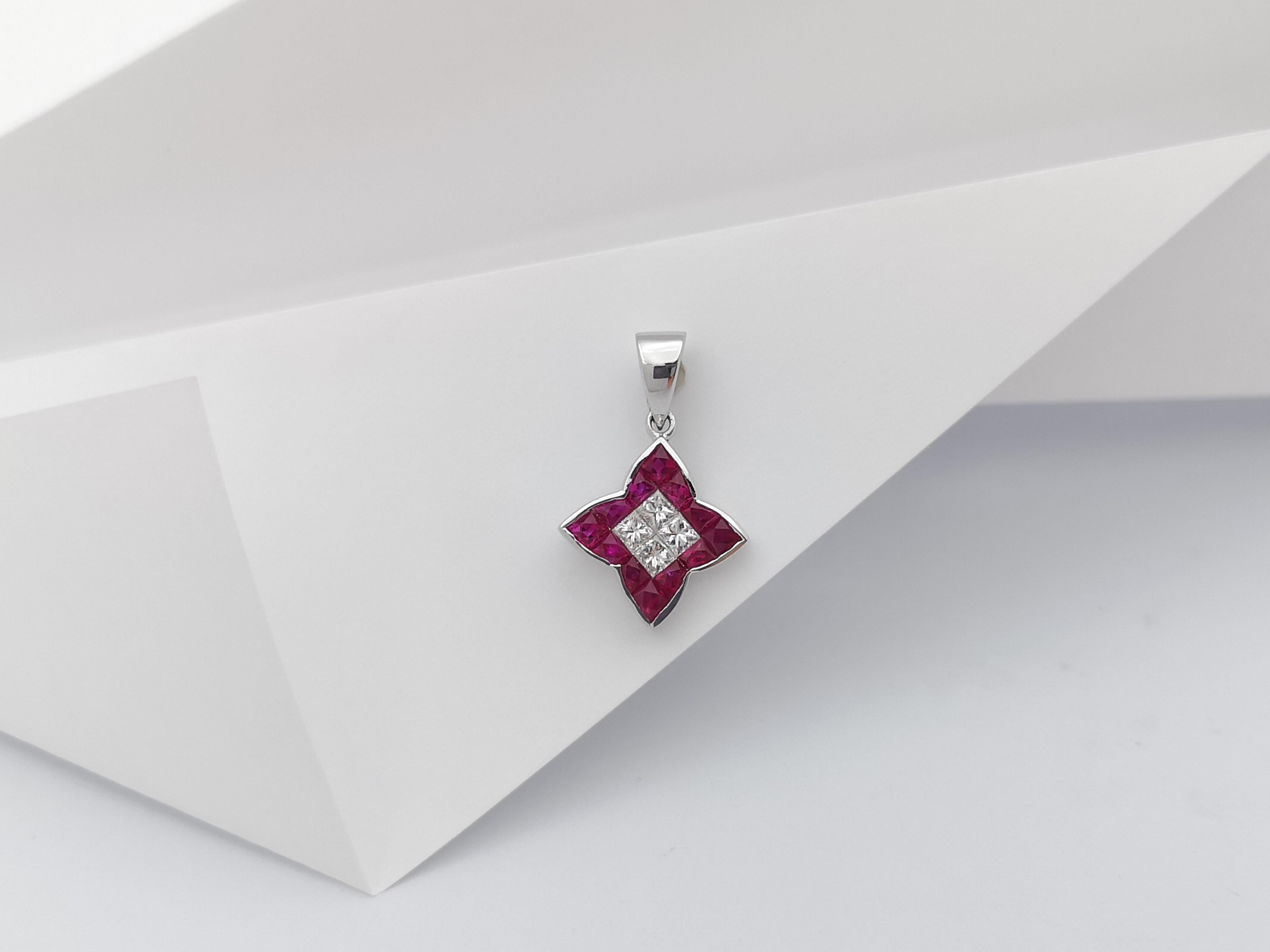 Mixed Cut Ruby with Diamond Pendant Set in 18 Karat White Gold Settings For Sale