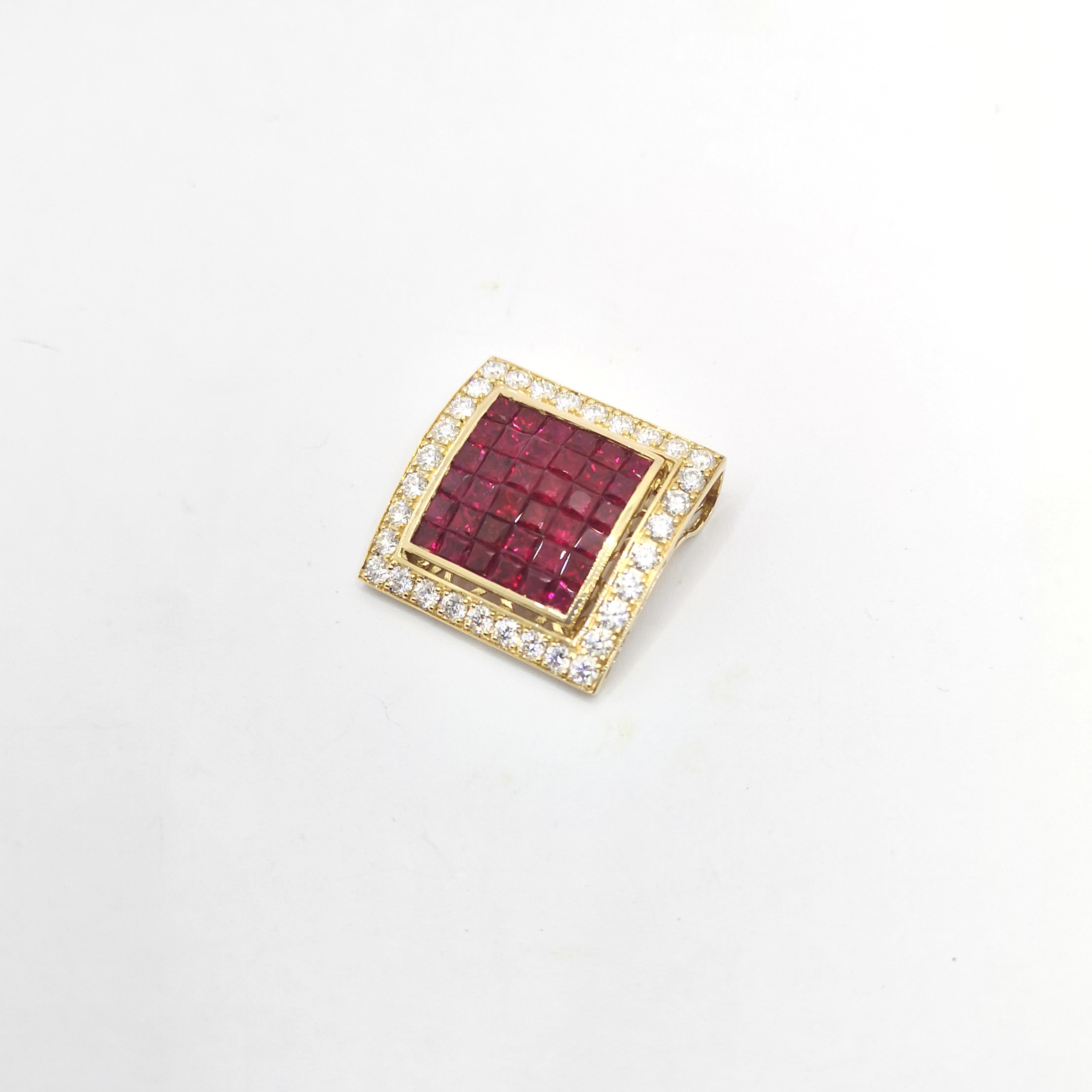 Princess Cut Ruby with Diamond Pendant set in 18K Gold Settings For Sale