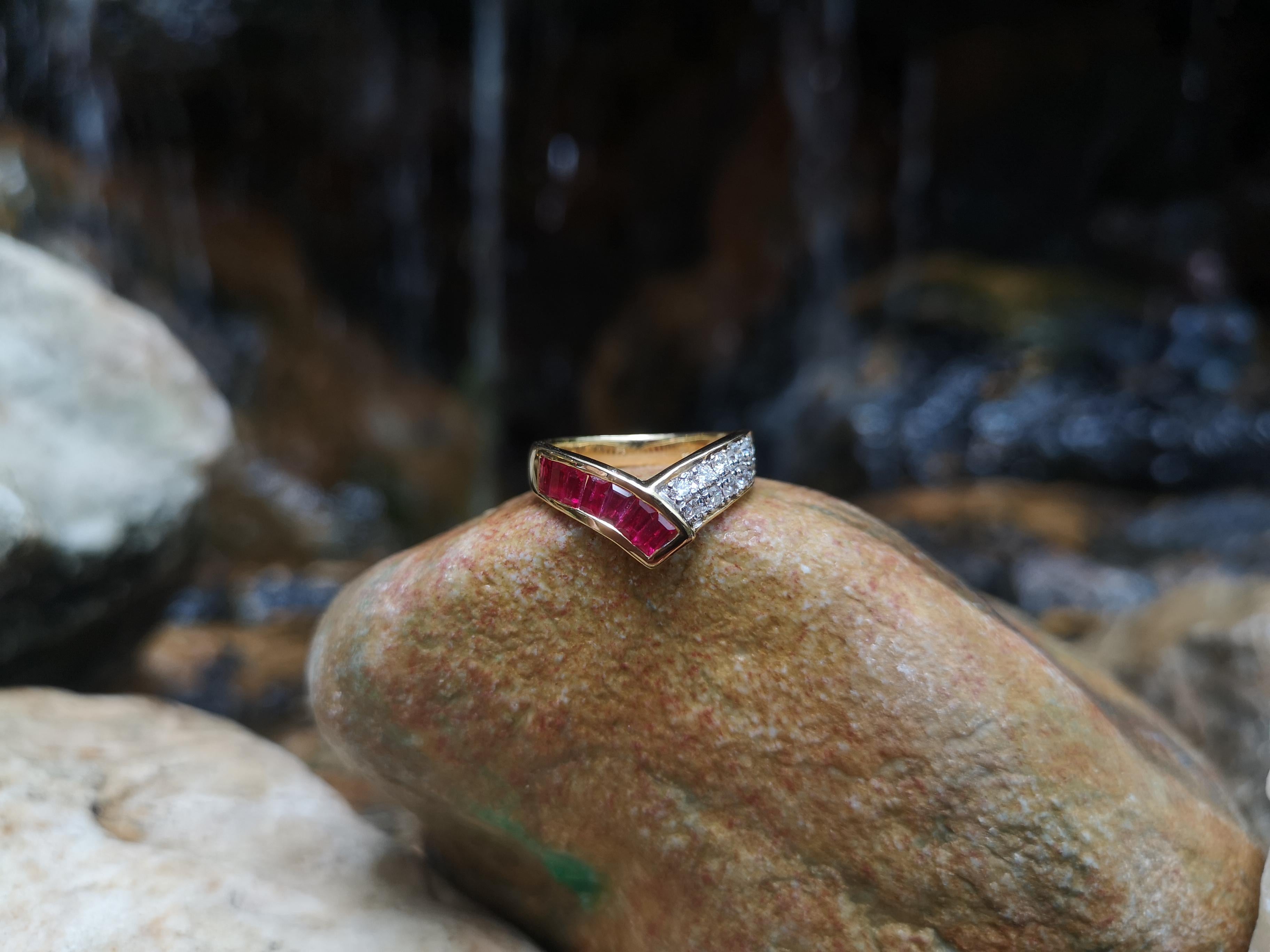 Baguette Cut Ruby with Diamond Ring Set in 18 Karat Gold Settings For Sale