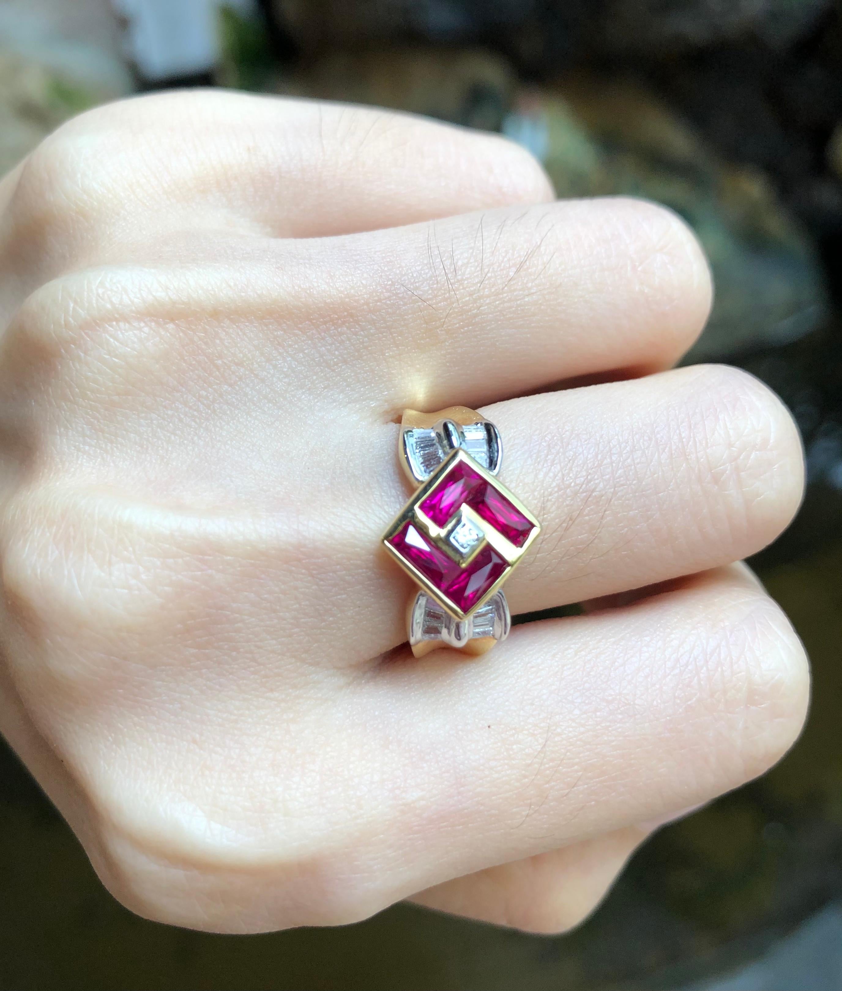 Baguette Cut Ruby with Diamond Ring Set in 18 Karat Gold Settings For Sale