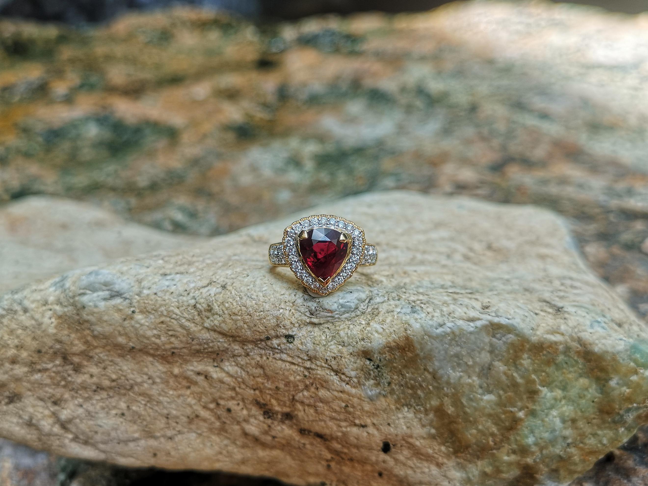 Shield Cut Ruby with Diamond Ring Set in 18 Karat Gold Settings For Sale