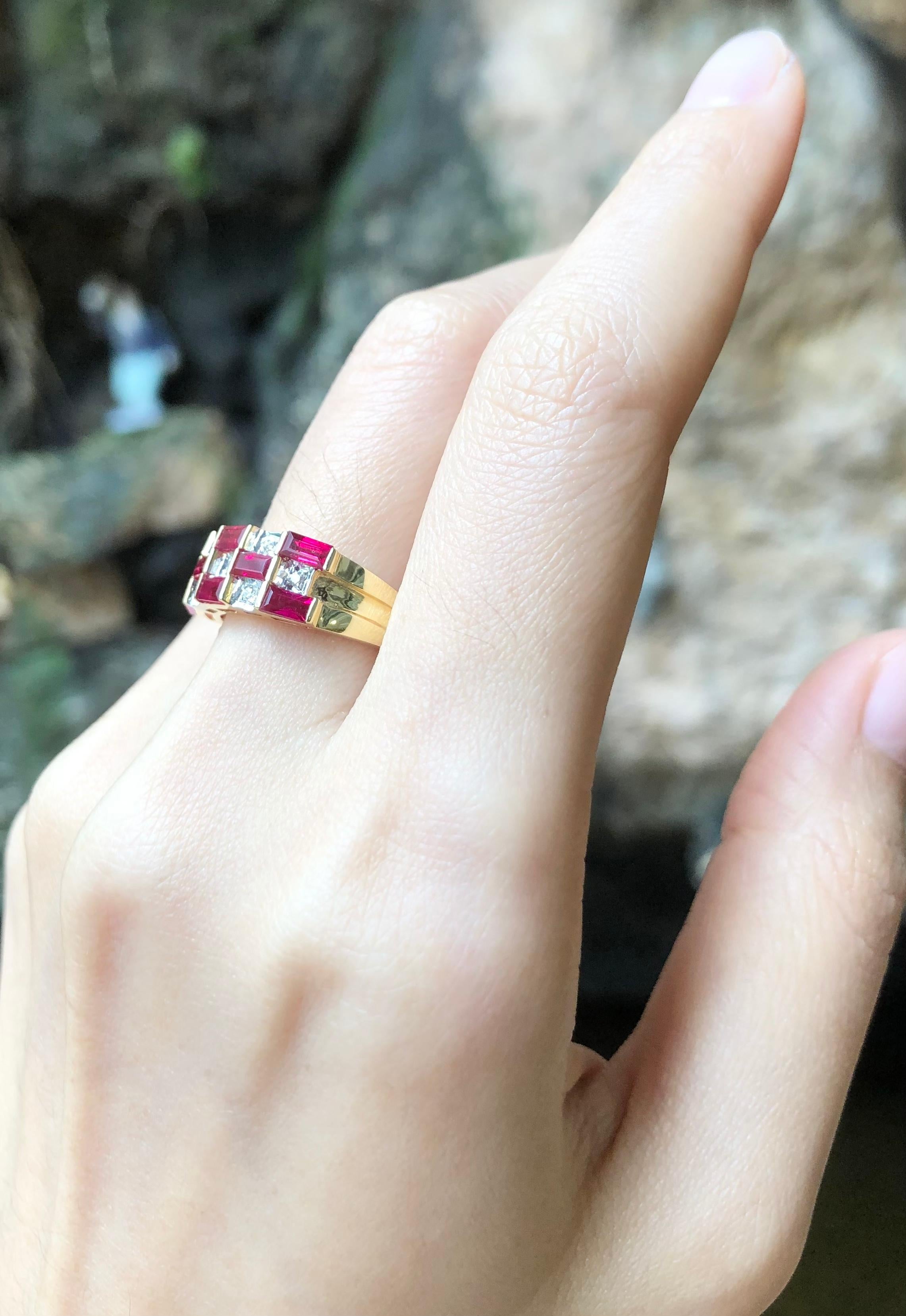 Baguette Cut Ruby with Diamond Ring Set in 18 Karat Gold Settings For Sale