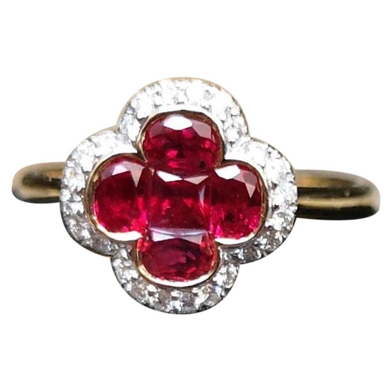 Ruby with Diamond Clover Ring Set in 18 Karat Gold Settings For Sale