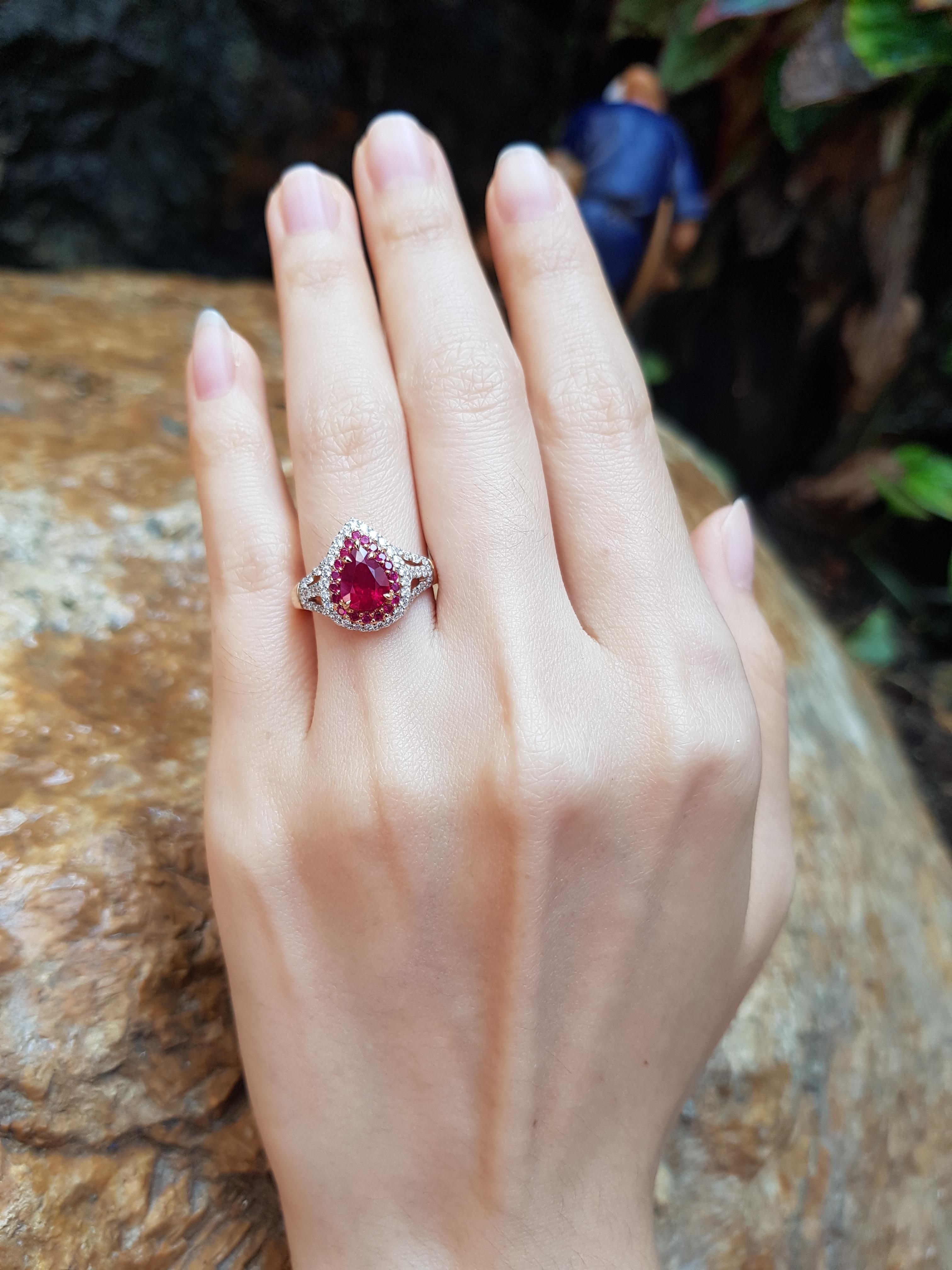 Ruby 1.27 carats with Diamond 0.36 carat and Ruby 0.16 carat Ring set in 18 Karat Rose Gold Settings

Width:  1.0 cm 
Length: 1.4 cm
Ring Size: 52
Total Weight: 4.51 grams

