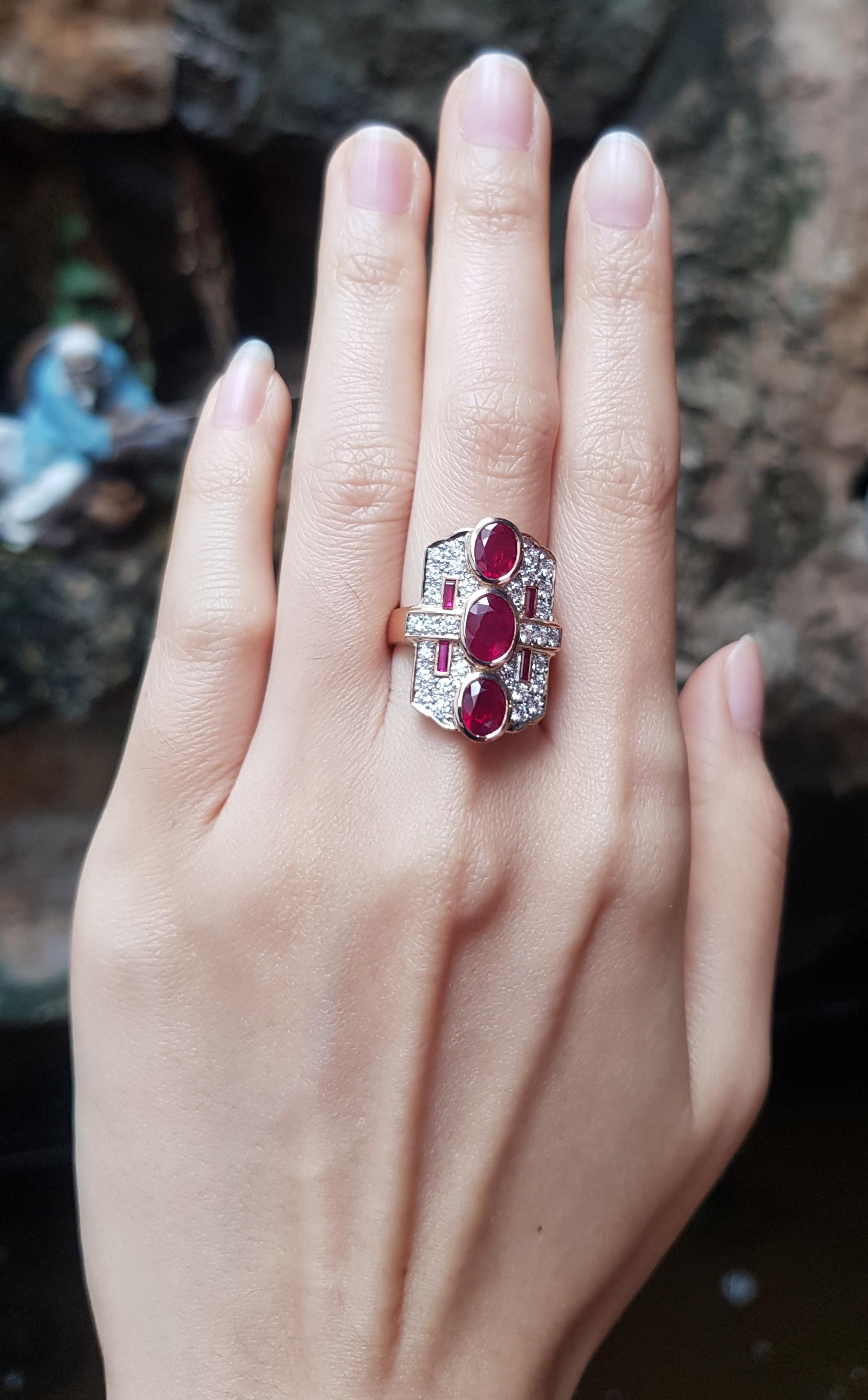 Ruby 2.84 carats with Diamond 0.81 carat Ring set in 18 Karat Rose Gold Settings

Width:  1.5 cm 
Length: 1.9 cm
Ring Size: 54
Total Weight: 11.08 grams

