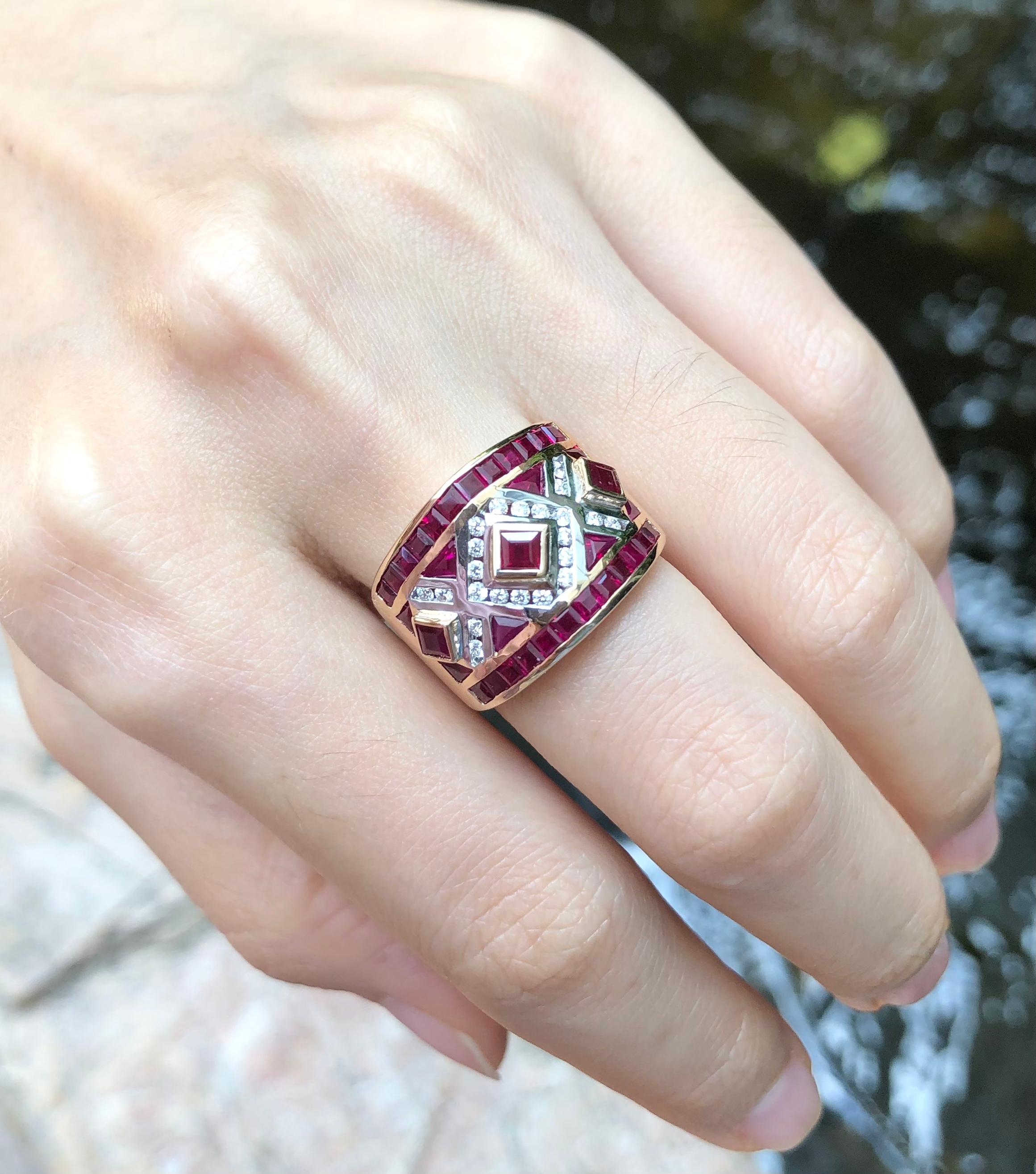 Mixed Cut Ruby with Diamond Ring Set in 18 Karat Rose Gold Settings For Sale