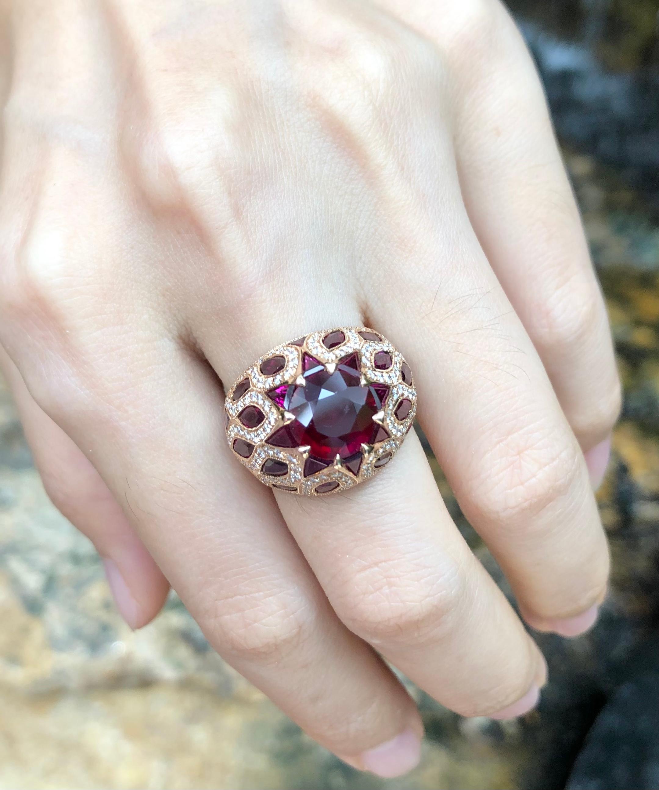 Mixed Cut Ruby with Diamond Ring set in 18 Karat Rose Gold Settings For Sale
