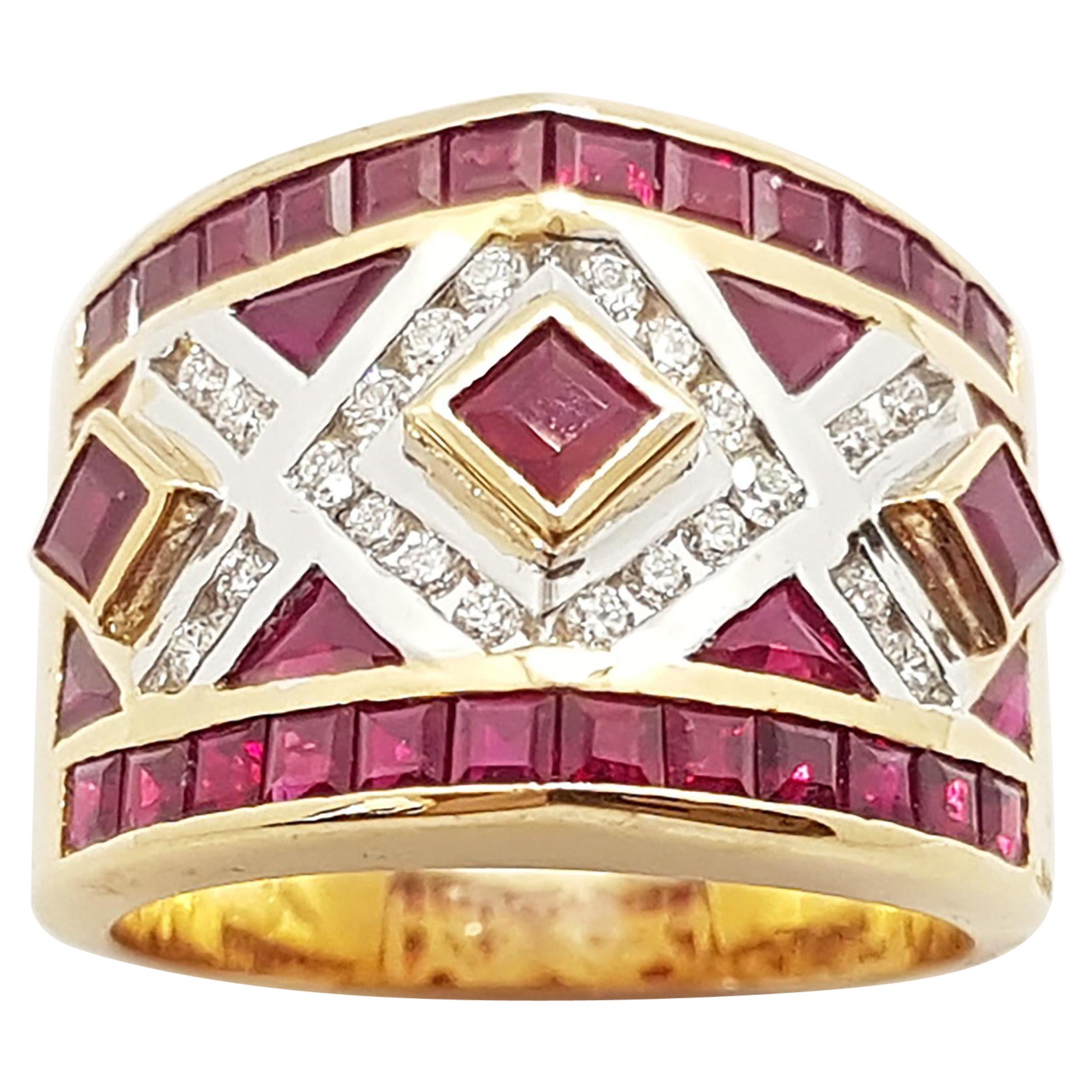 Bague en or rose 18 carats sertie de rubis et de diamants