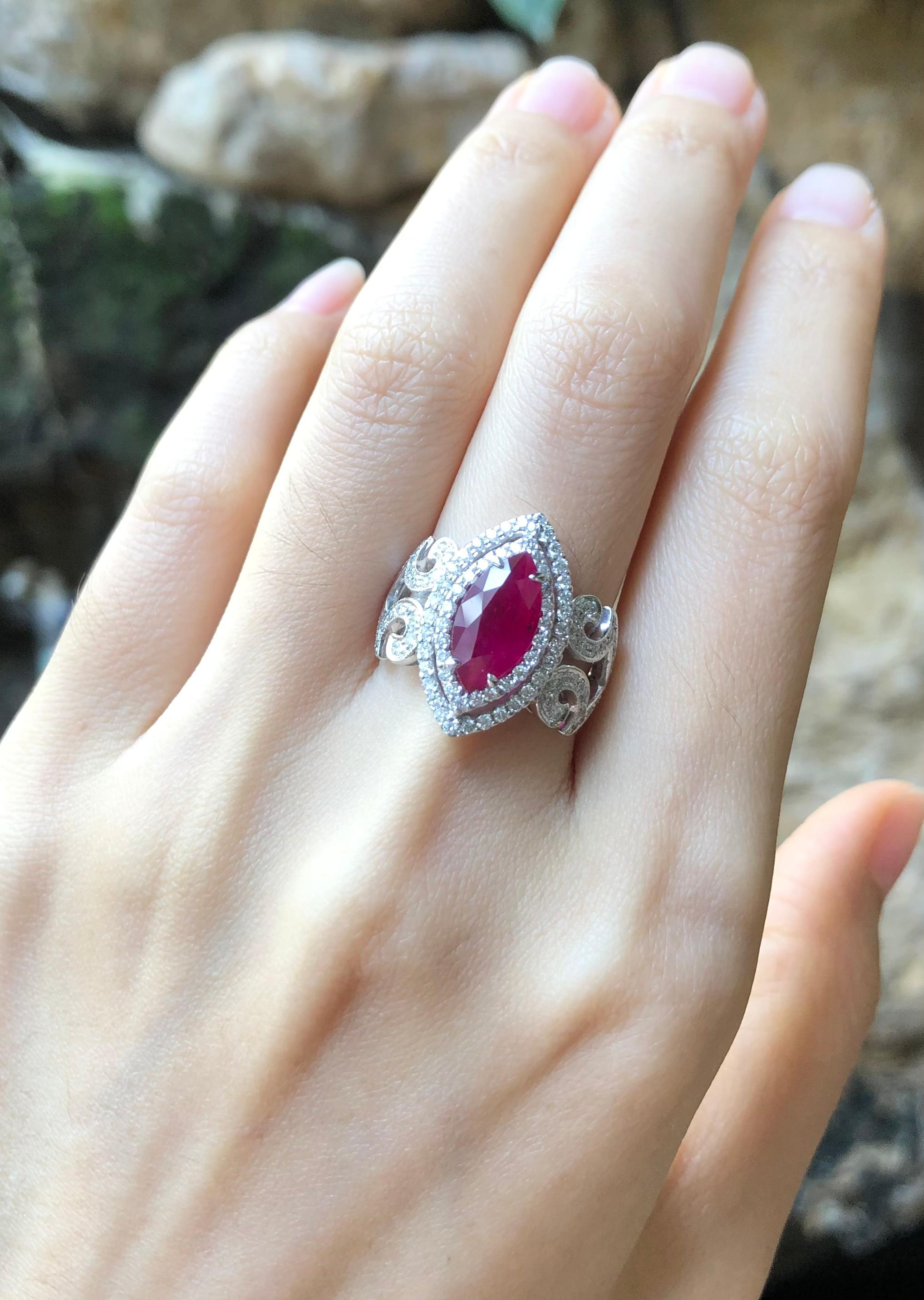 Ruby 2.14 carats with Diamond 0.75 carat Ring set in 18 Karat White Gold Settings

Width:  1.3 cm 
Length:  1.9 cm
Ring Size: 52
Total Weight: 7.77 grams

