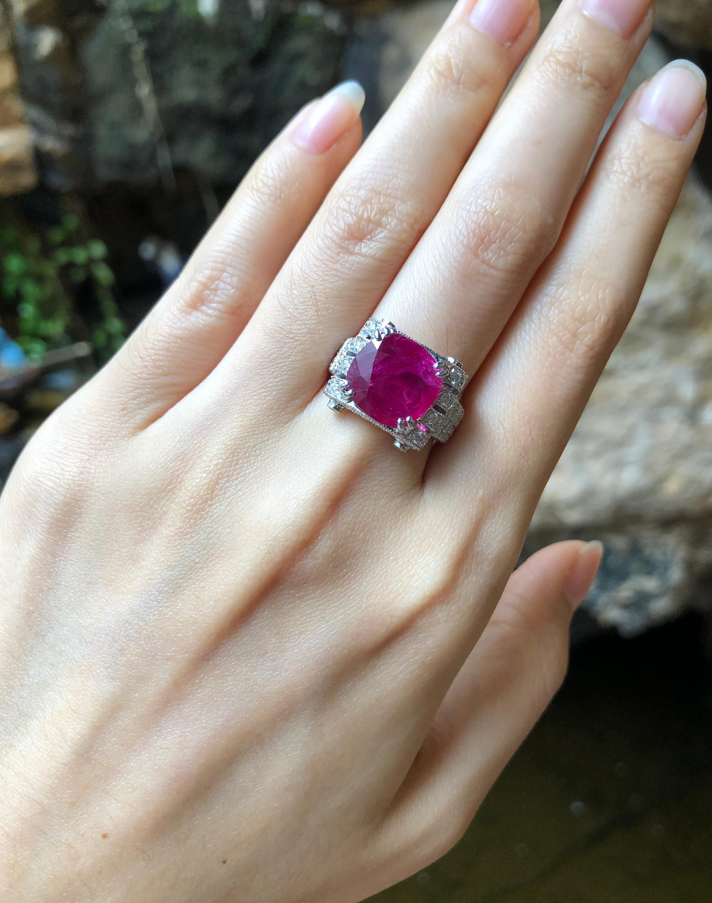 Contemporary Ruby with Diamond Ring Set in 18 Karat White Gold Setting