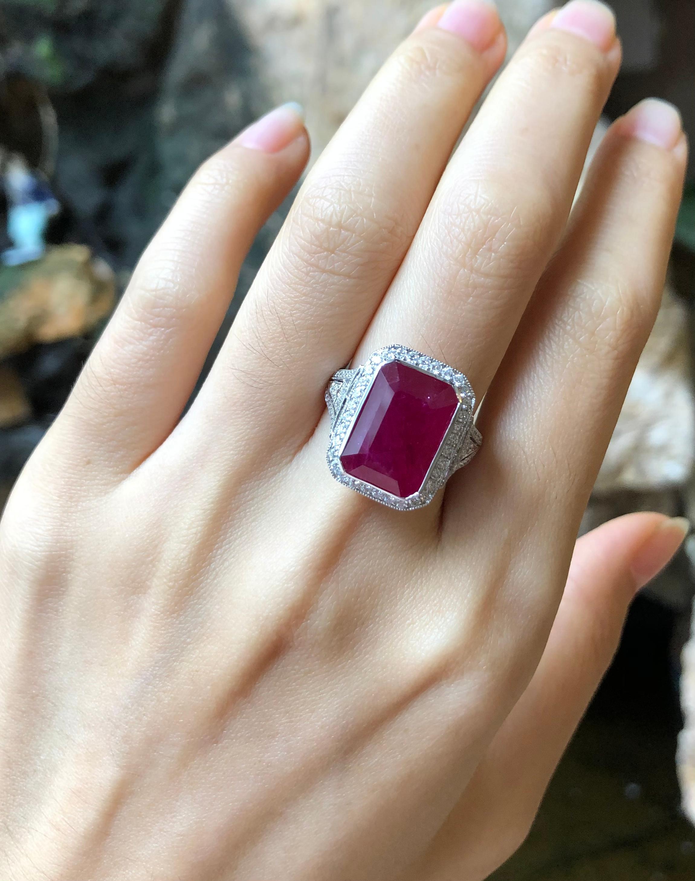 Art Deco Ruby with Diamond Ring Set in 18 Karat White Gold Setting For Sale