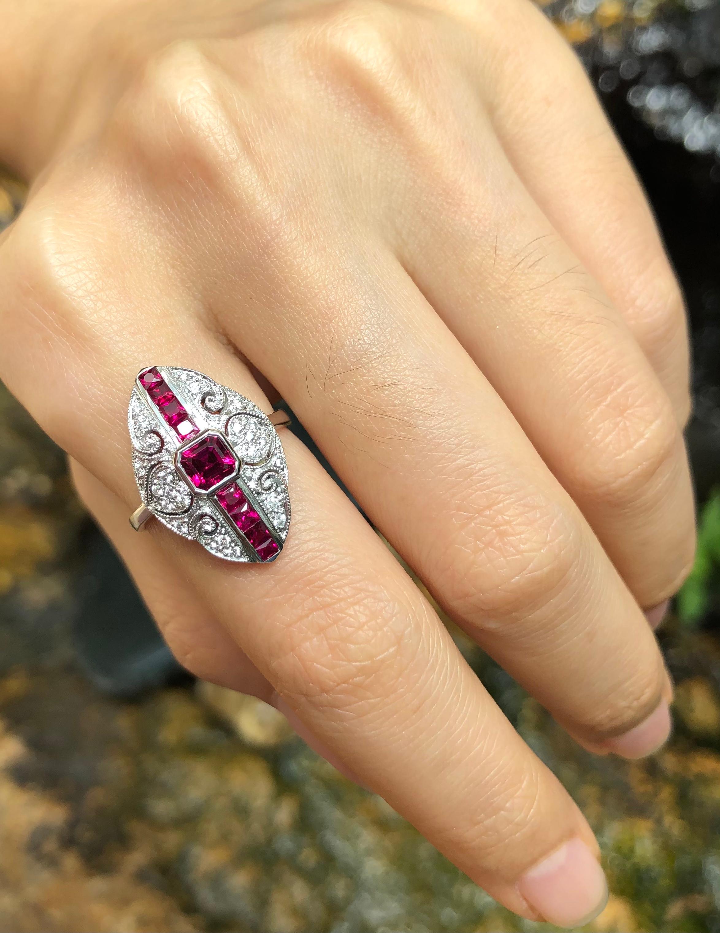 Mixed Cut Ruby with Diamond Ring Set in 18 Karat White Gold Setting For Sale