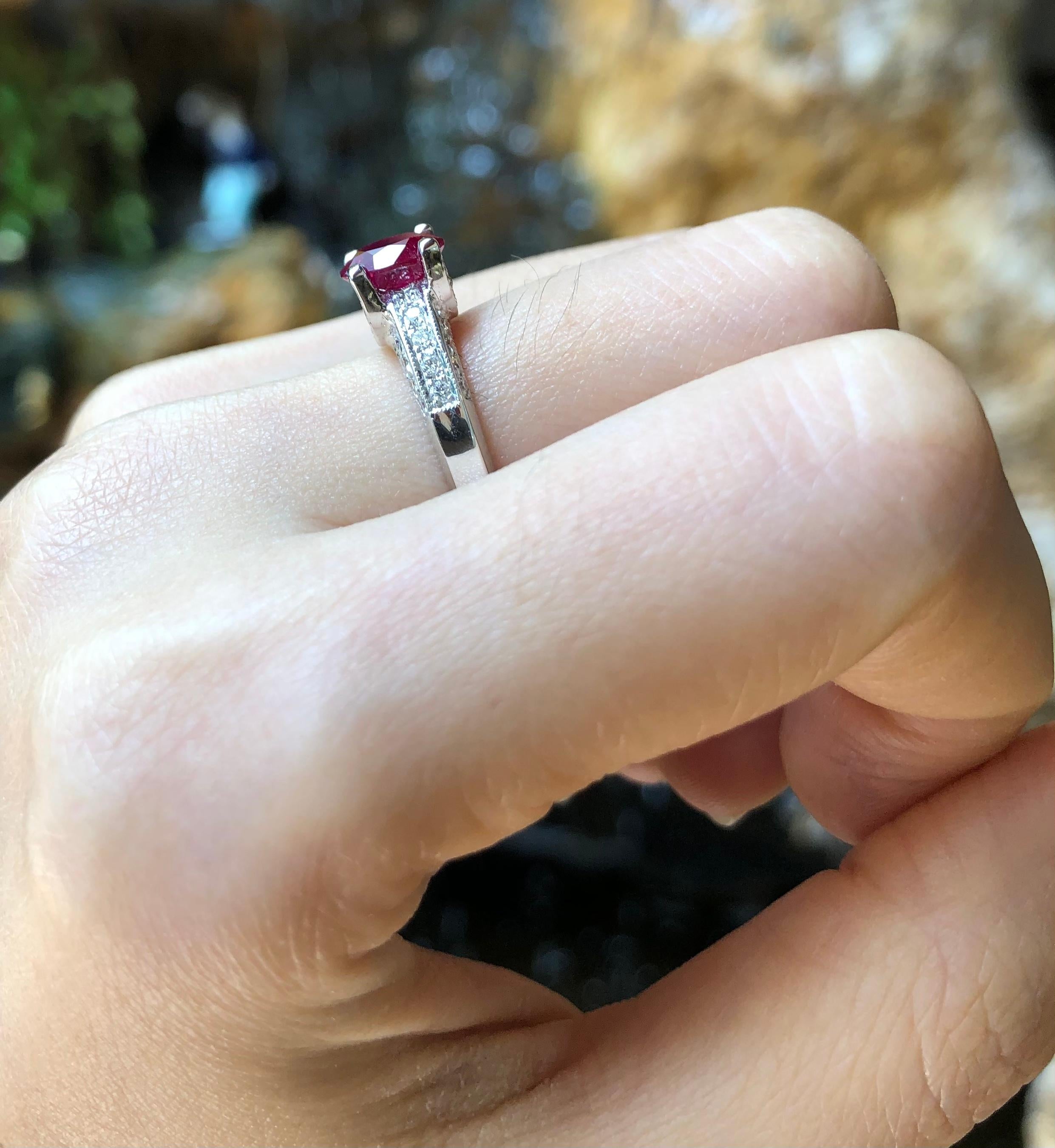 Oval Cut Ruby with Diamond Ring Set in 18 Karat White Gold Setting For Sale