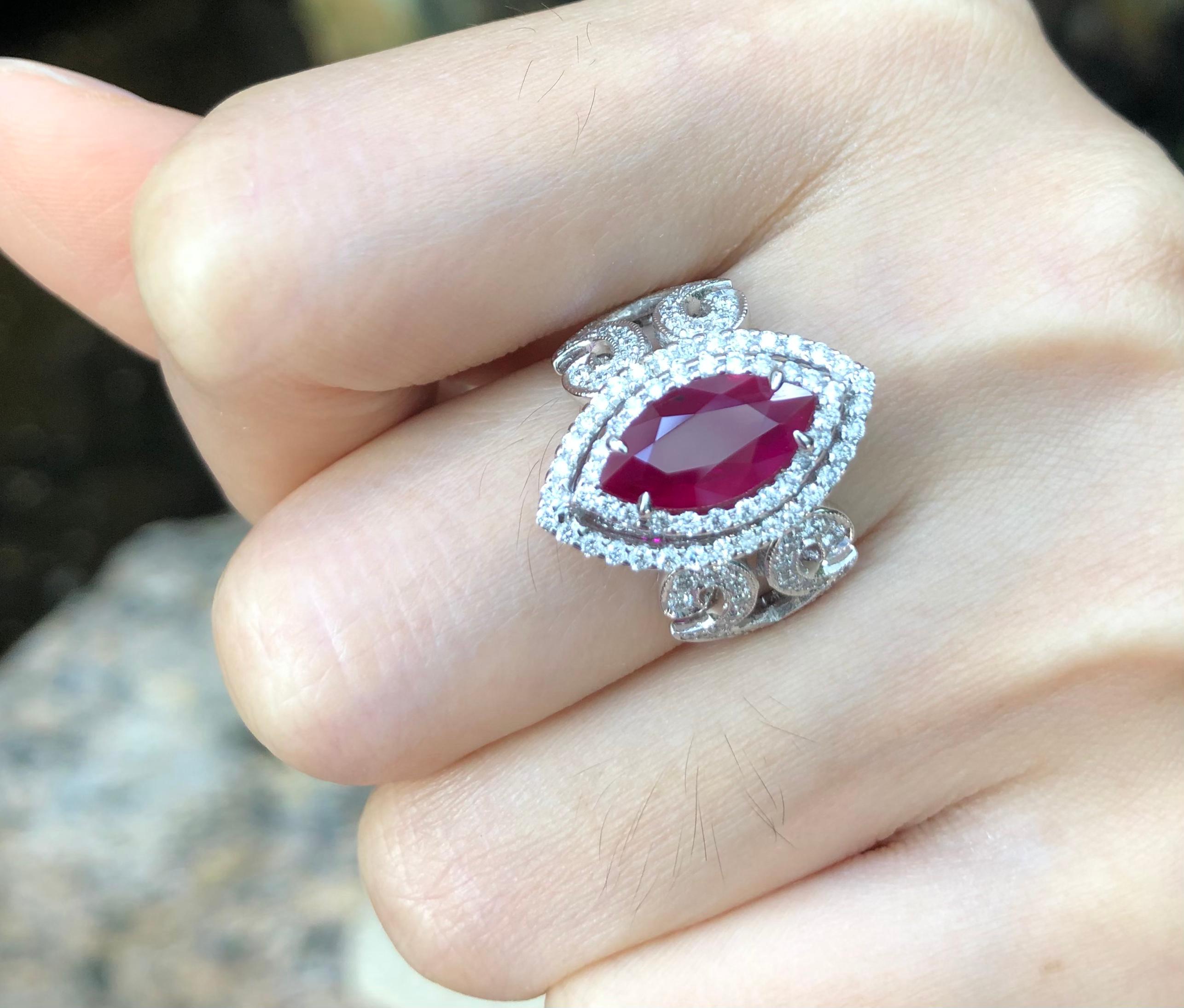 Women's Ruby with Diamond Ring Set in 18 Karat White Gold Setting For Sale