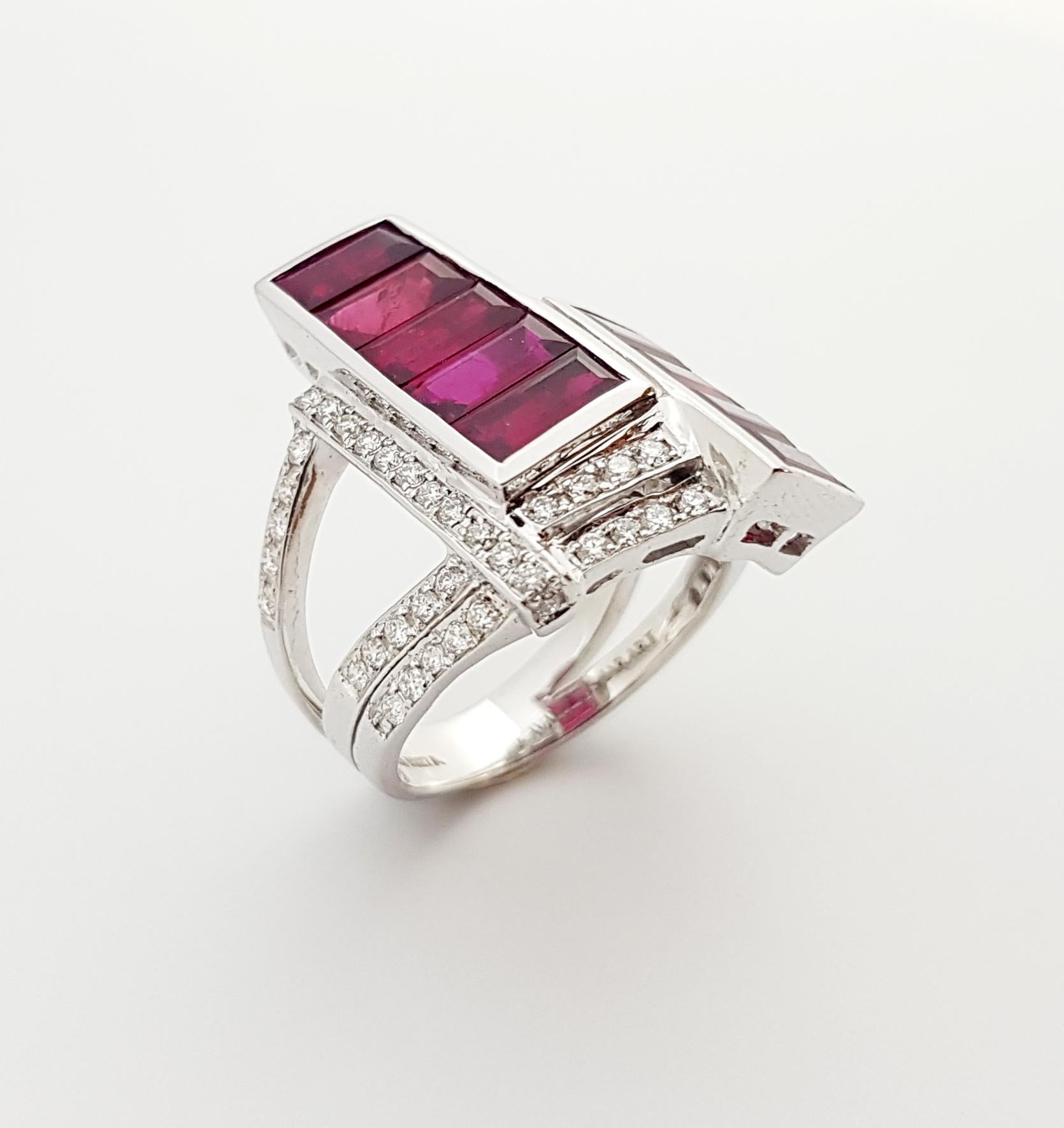 Women's or Men's Ruby with Diamond Ring Set in 18 Karat White Gold Setting For Sale