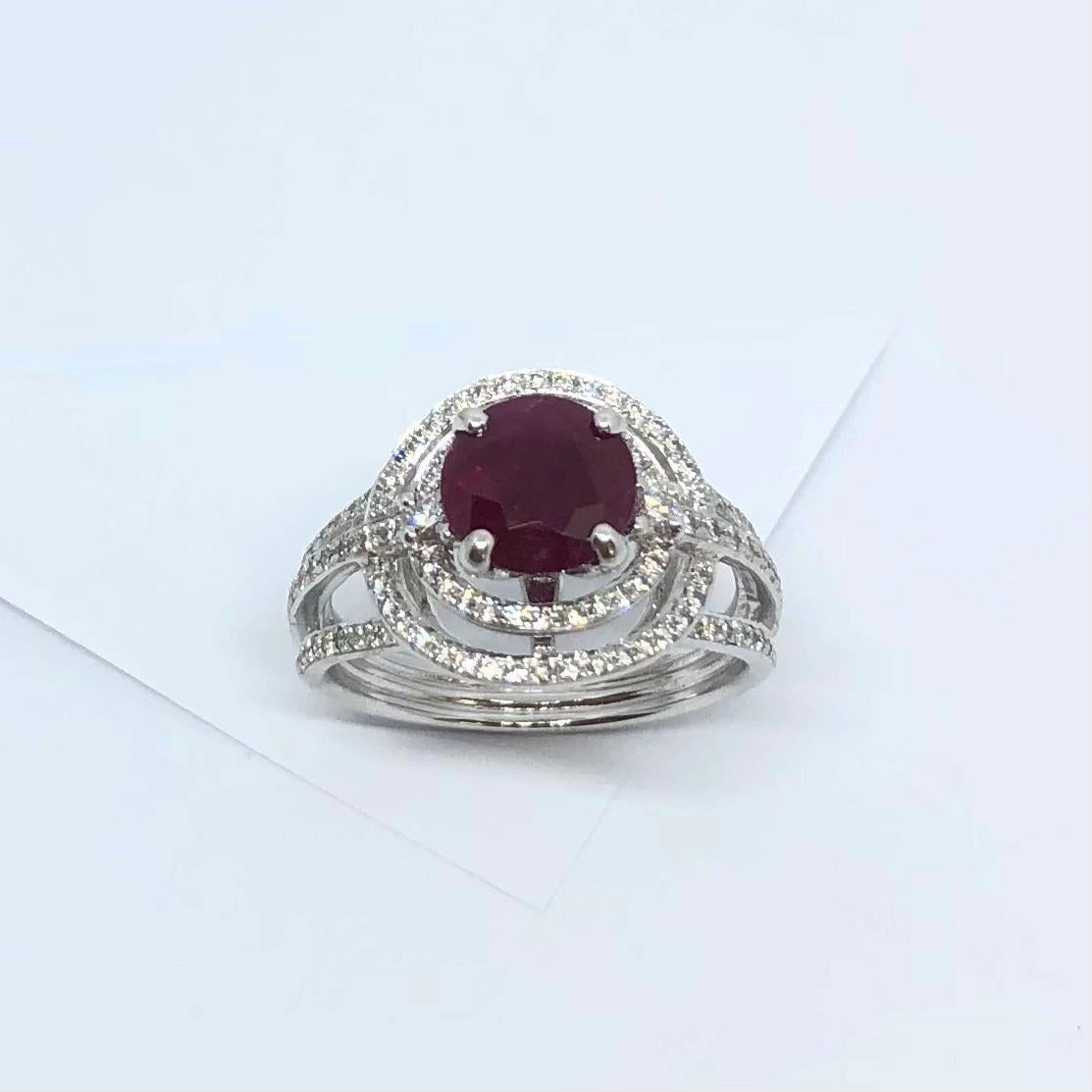 Ruby with Diamond Ring Set in 18 Karat White Gold Settings For Sale 8