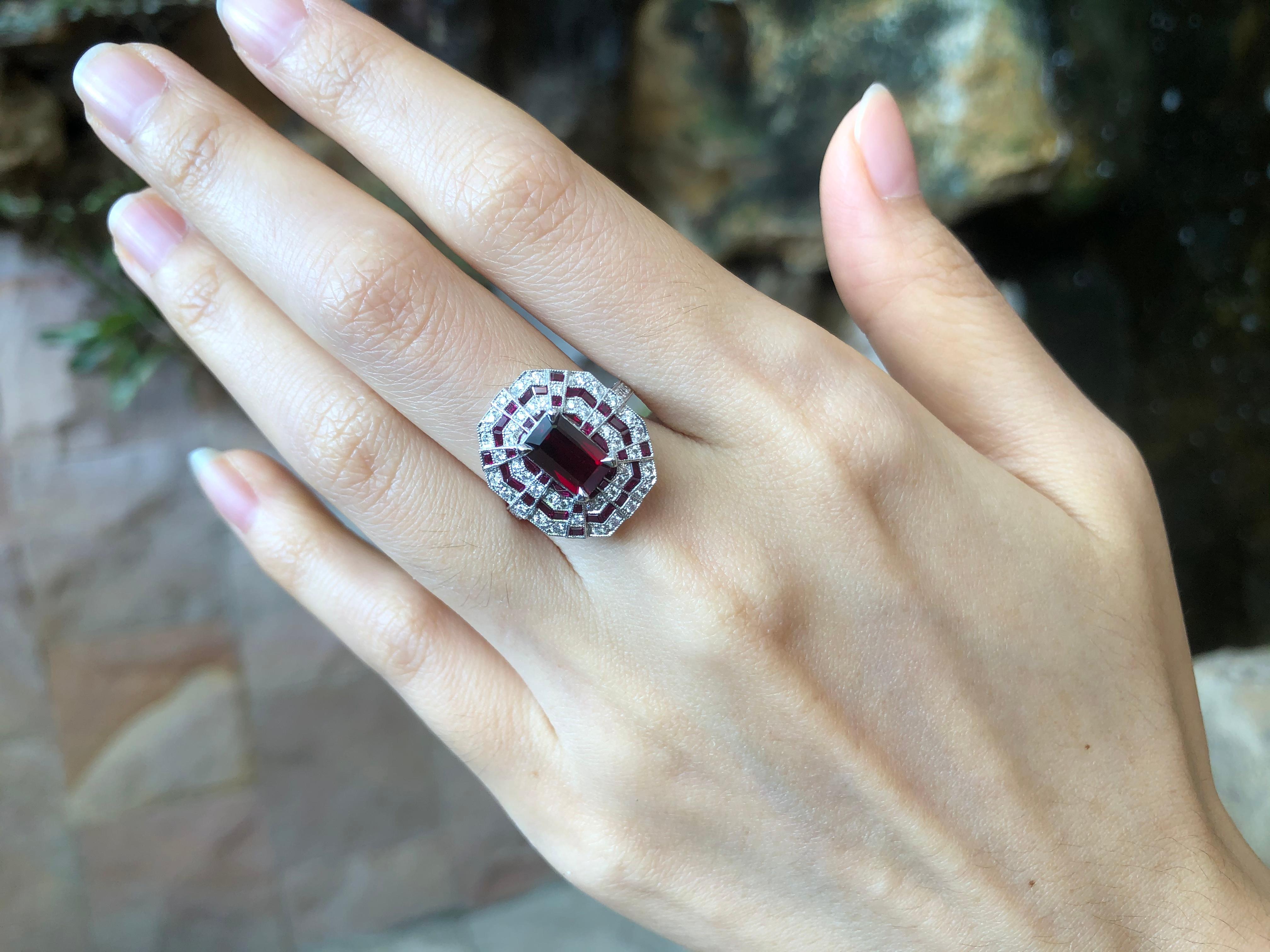 Art Deco Ruby with Diamond Ring Set in 18 Karat White Gold Settings For Sale