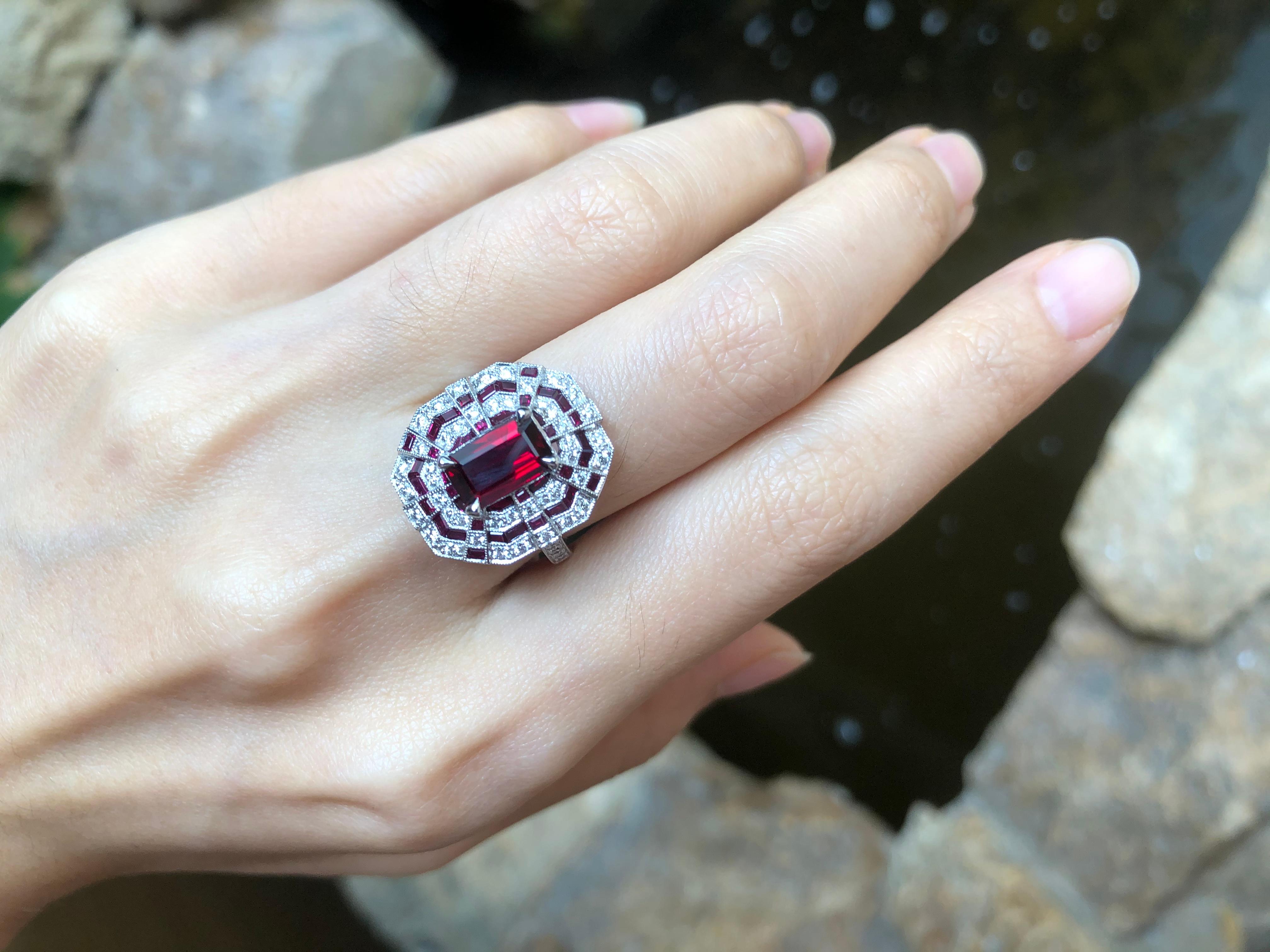 Emerald Cut Ruby with Diamond Ring Set in 18 Karat White Gold Settings For Sale