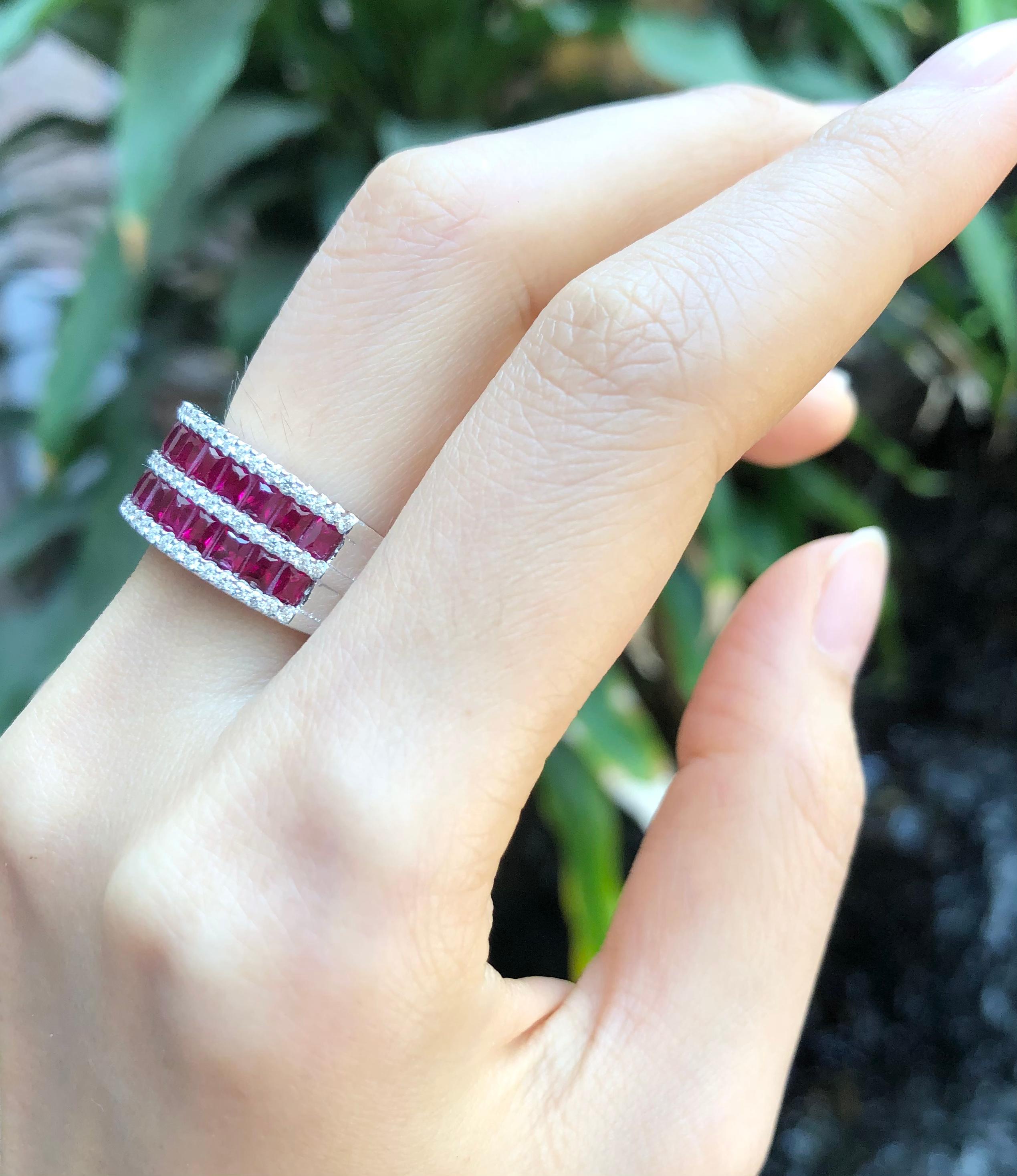 Baguette Cut Ruby with Diamond Ring Set in 18 Karat White Gold Settings For Sale