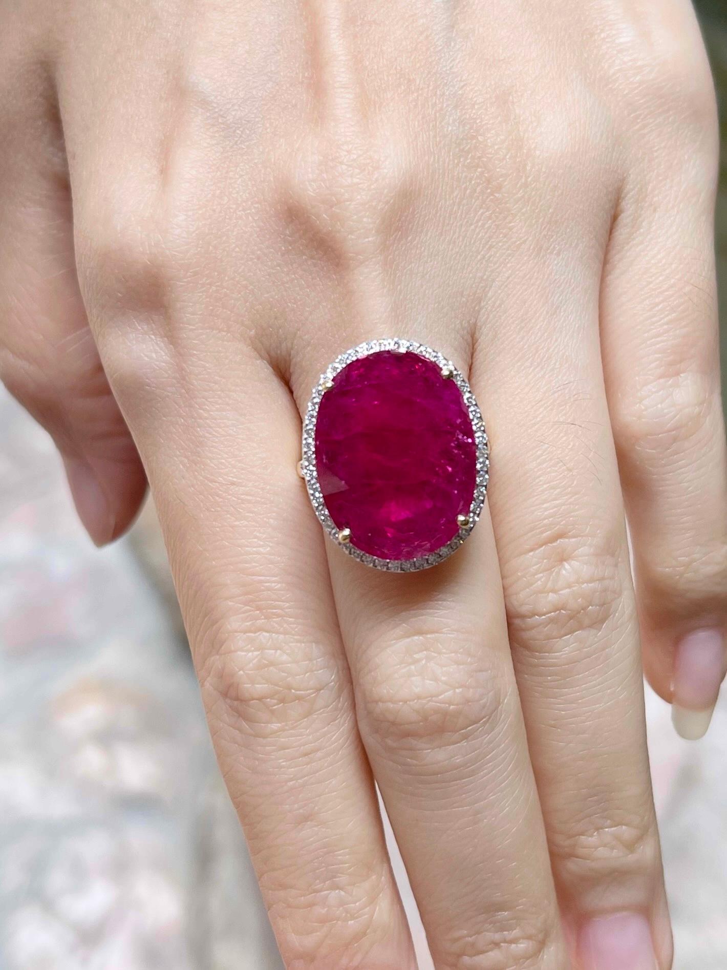 Oval Cut Ruby with Diamond Ring set in 18K Gold Settings For Sale