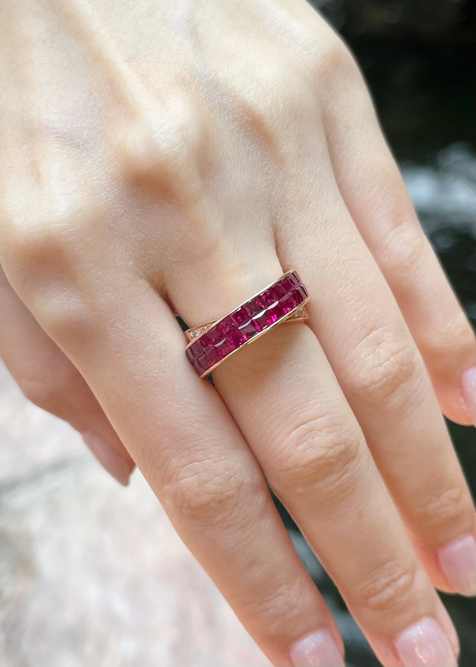 Princess Cut Ruby with Diamond Ring set in 18K Rose Gold Settings For Sale