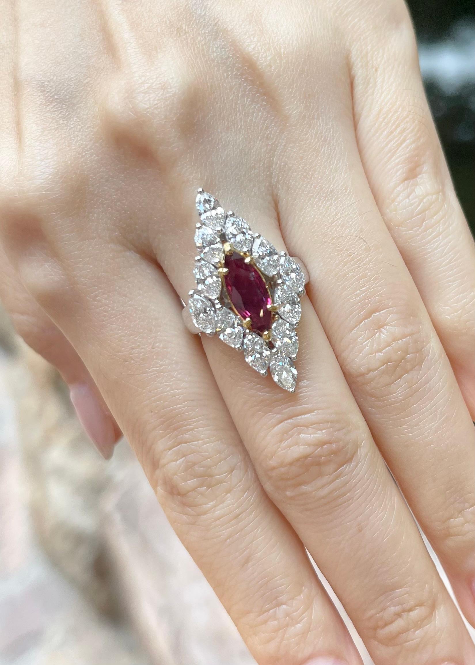 Marquise Cut Ruby with Diamond Ring set in 18K White Gold Settings For Sale