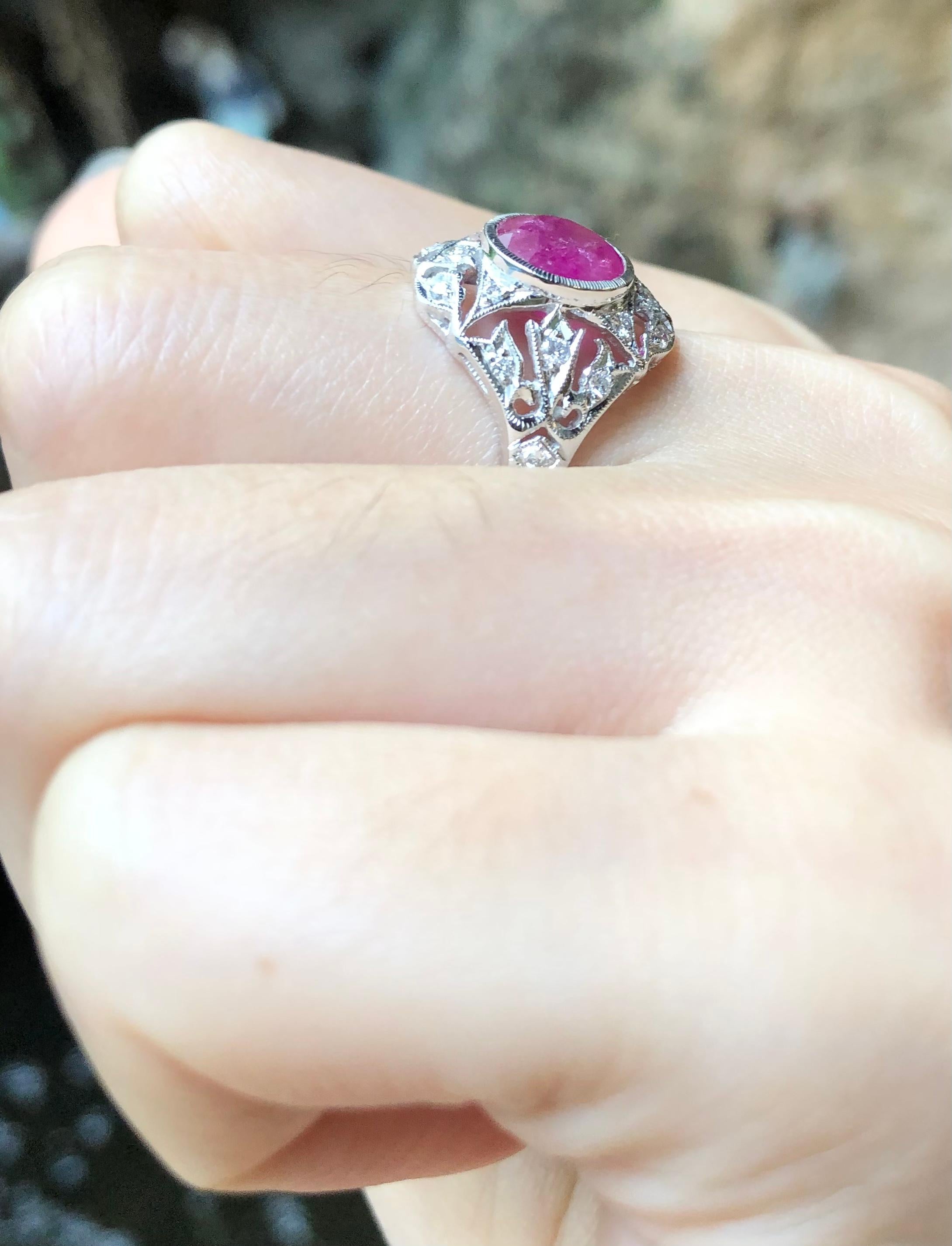 Art Deco Ruby with Diamond Set in 18 Karat White Gold Settings For Sale