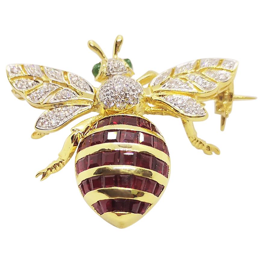 Ruby with Emerald and Diamond Bee Brooch Set in 18 Karat Gold Settings For Sale